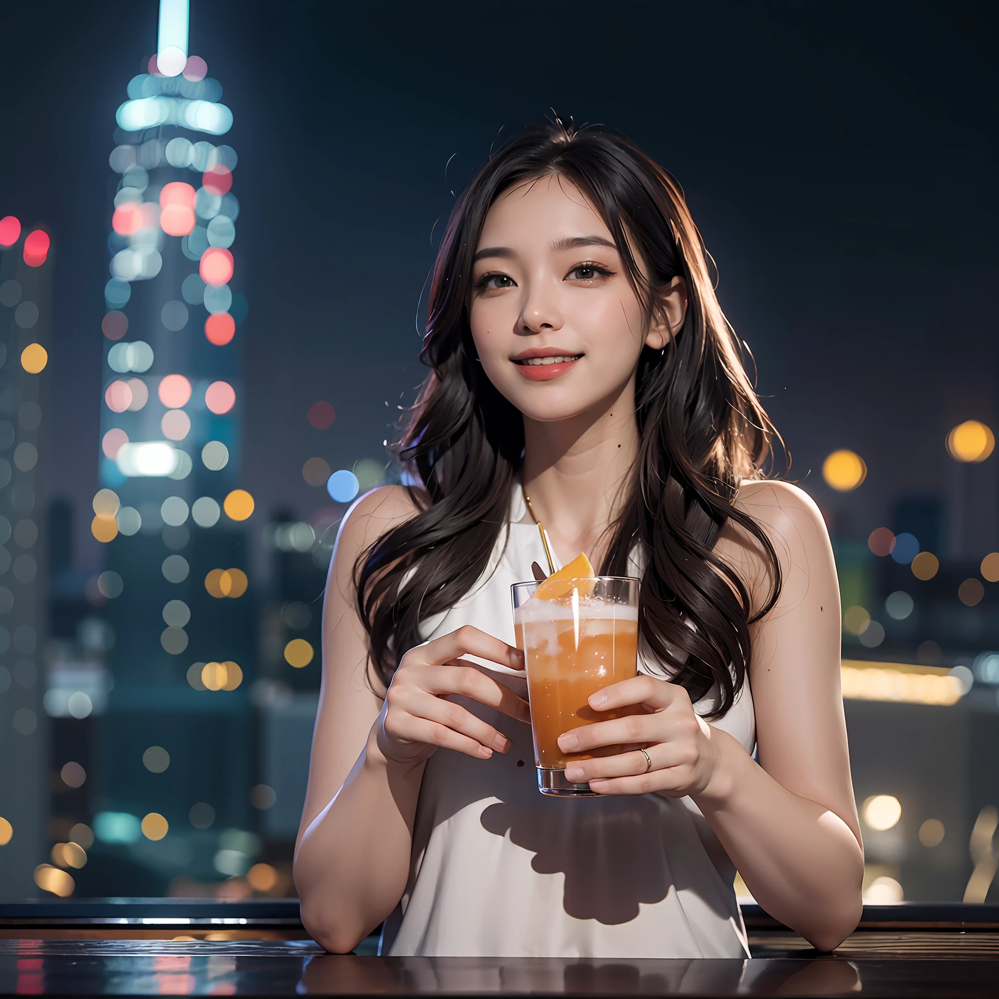 masterpiece, ultra high res, 8k, woman drinking cocktail in bar, profile, smile, skyscraper night view, distant view