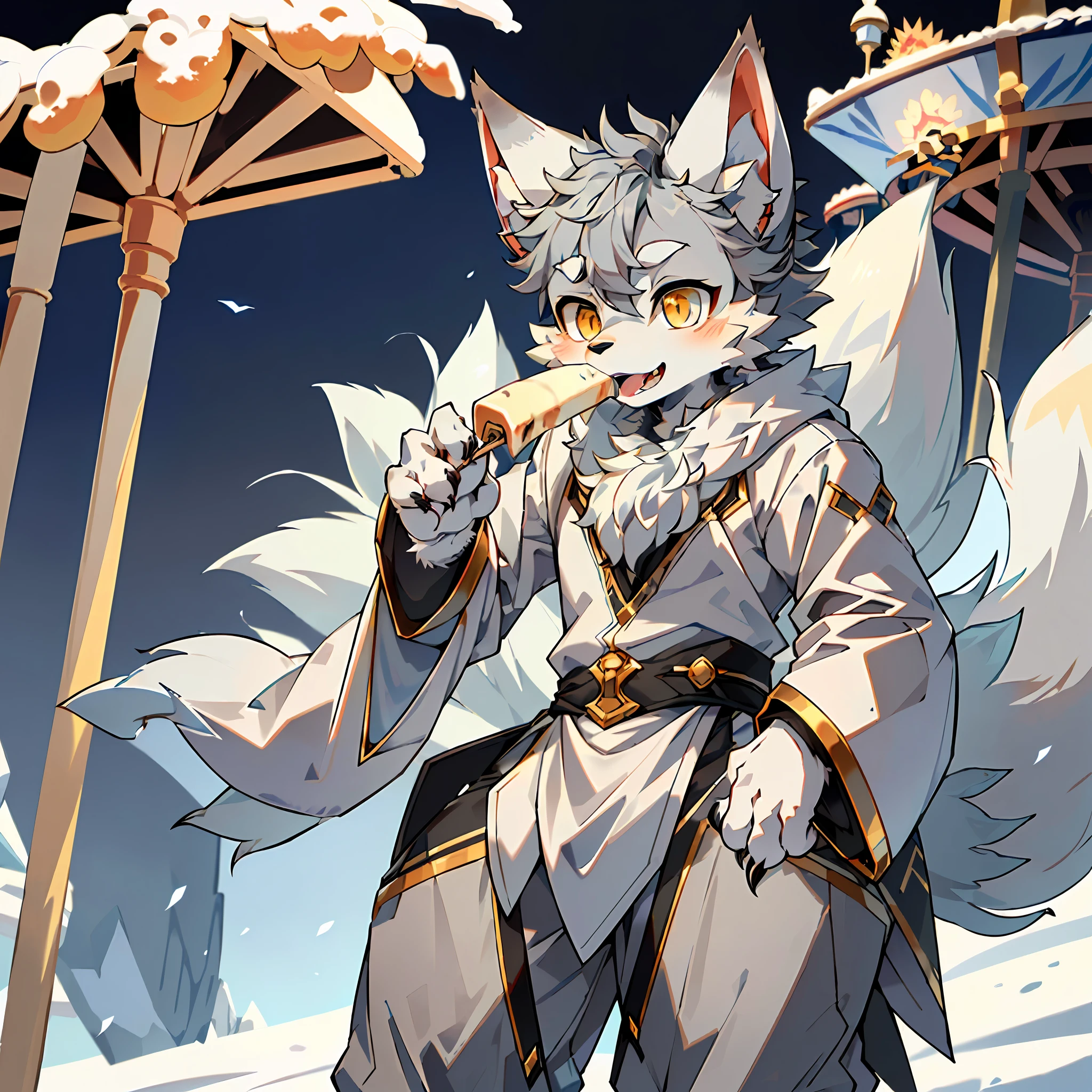 (Best Quality), (Masterpiece), ((Solitary)), (Ultra Detailed), (Furry), (Furry, (Male Arctic Fox: 1.5), (Gray Fur: 1.3), (Fluffy Tail: 1.2), (Golden Eyes), (Sharp Claws), (Grey Ears), Open Mouth, Sharp Focus, (Furry Feeling of Animal Ears), ((In Amusement Parks)), ((Eating Ice Cream))