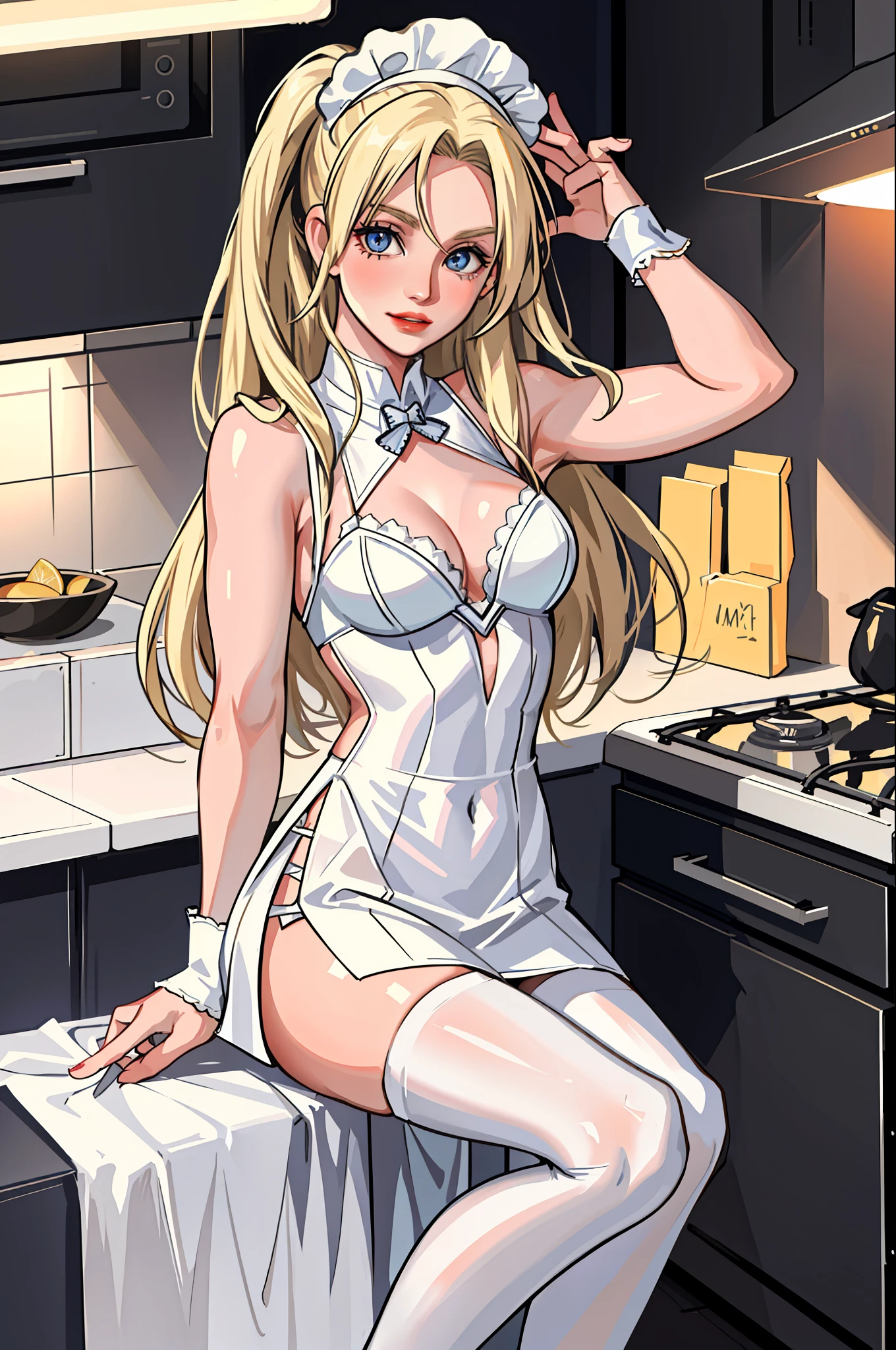 ((Britney Spears)), {{{masterpiece}}}, {realistic:1.2}, best quality, official art, extremely detailed CG unit 8k wallpaper, day, artbook, game_cg, ((Britney Spears 1girl)), NSFW, overexposed, milf, detailed bra, medium breasts, solo, long blonde hair, seductive smile, blue eyes, {white pantyhose}, high heels, sexy maid clothes, (in the kitchen) maid cap, crossed_legs, eye_contact, {beautiful eyes detailed gradient}, red lips, illustration, highlights, cinematic lighting, dramatic angle