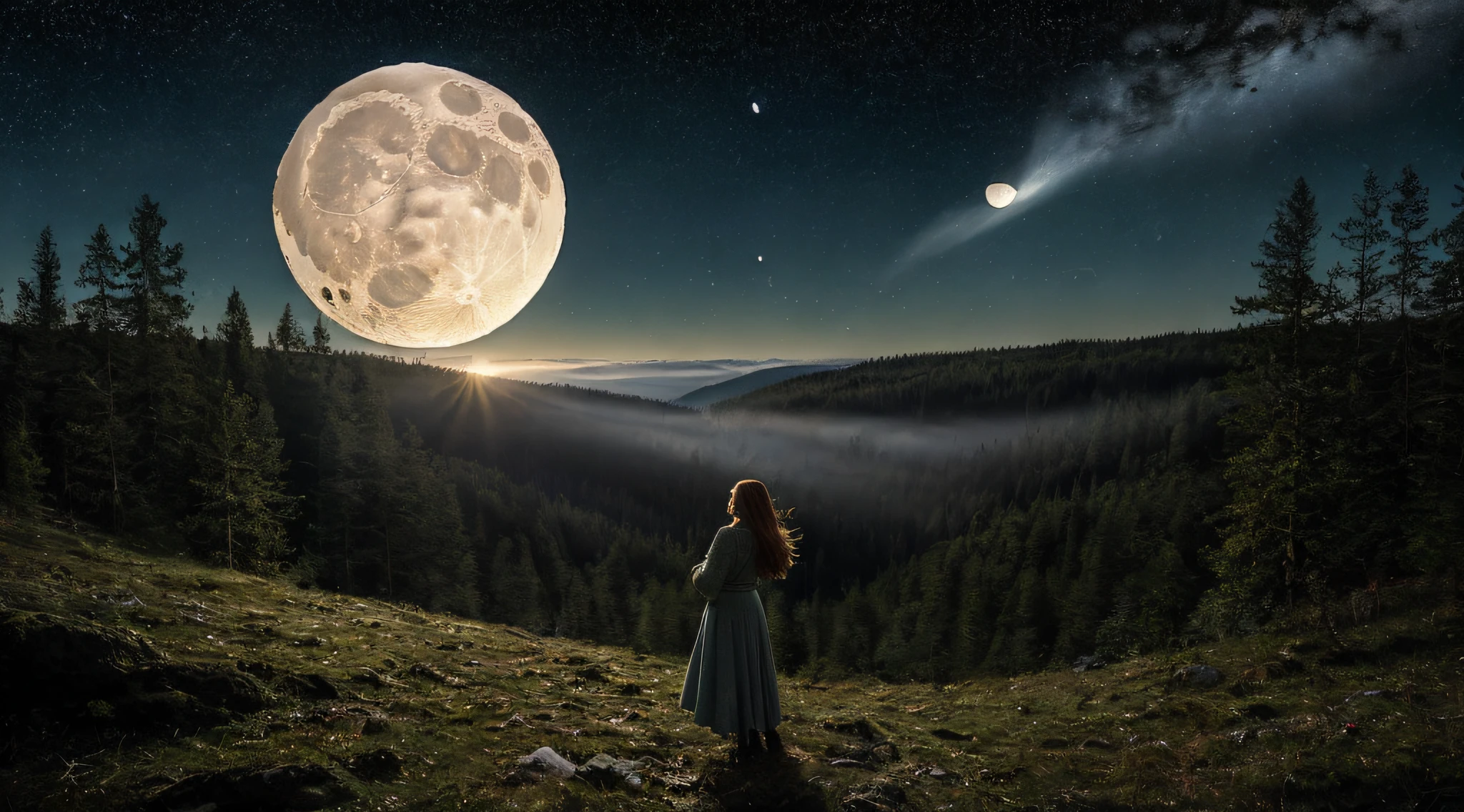 ((best quality)), ((masterpiece)), ((realistic)), ((beautiful female moon)), celestial body struck, comet impact, moon broken in half, surrounded by debris, fragmented, dawn dance, spring night, twinkling stars, forest mist below, at eye level, scenic, masterpiece