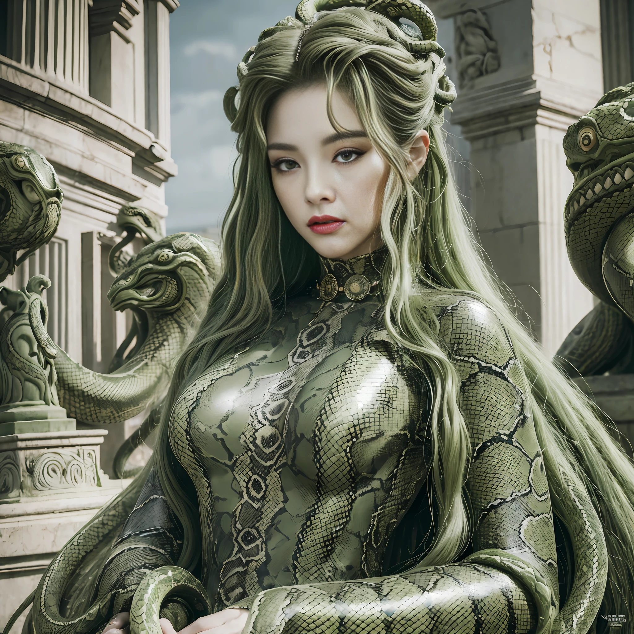 ((best quality)), ((masterpiece)), (detailed), (realistic), powerful Medusa queen, serpent-like hair, (mythological:1.2), (goddess-like:1.1), (snakes hissing:1.1), (intense gaze:1.1), (regal attire:1.2), (stone statues in the background:1.1), (dark and mysterious atmosphere:1.1), (8k resolution:1.2)