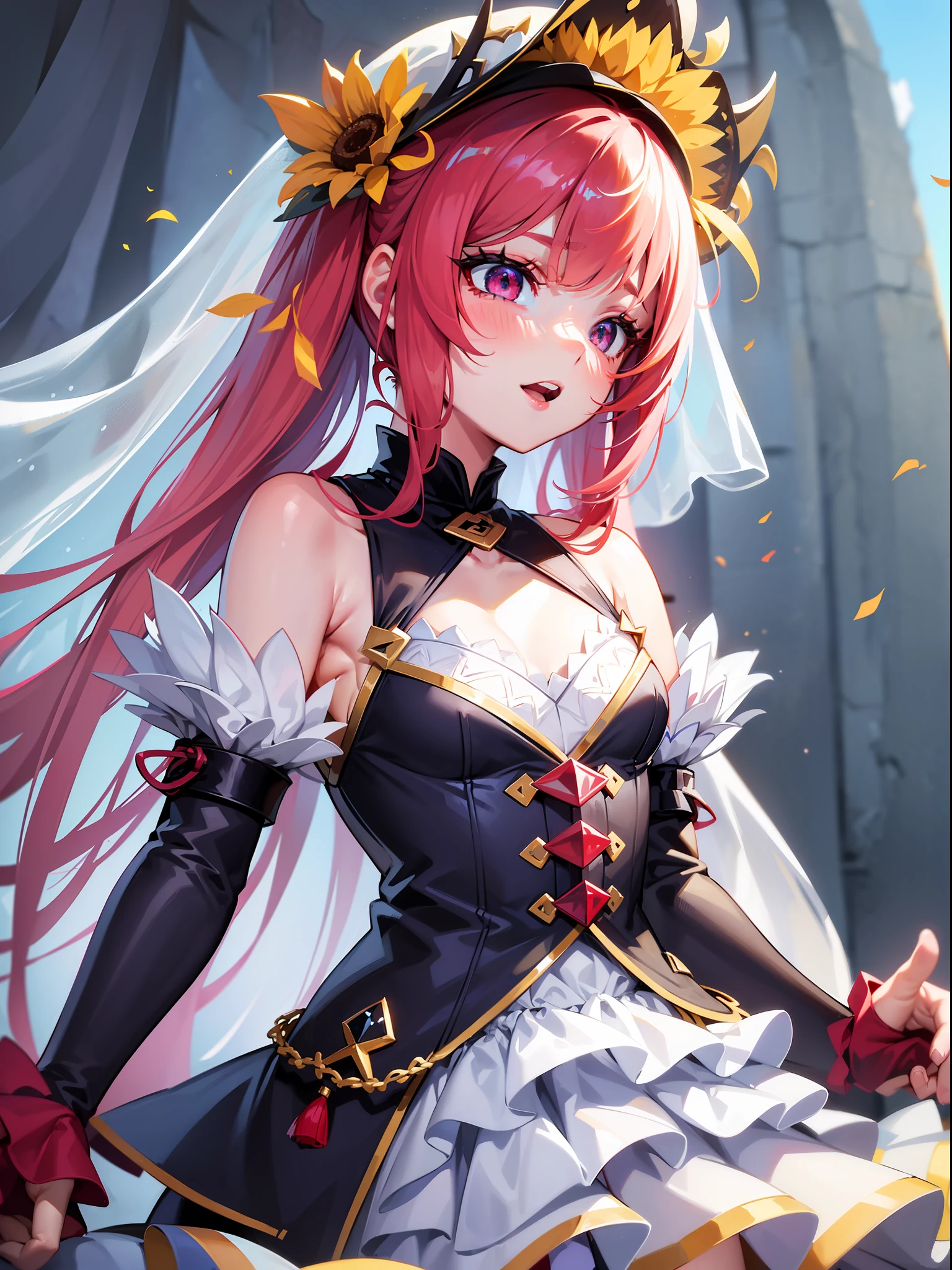 hide hands, red hair, light blue eyes, veil, arm covers, medium hair, wigs, seductive sparkly blueberry dance costume, white hair, white and yellow cloth, red eyes, black long gloves, super delicate, dream, partially colored, game CG, side, solo focus, petite girl, women, babies, 5 years old, long hair, blue striped hair, parted bangs, eyes visible through the hair, short ponytail, hair intake, gray hair, multicolored hair, flowing hair, girl disgusted face, thoughtful, V-shaped eyebrows, bright eyes, blue ears, parted lips, delicate hands, flat chest, belly, blond eyes, white skin, red ribbon, iridescent jewelry hat, UHD, retina, masterpiece, accurate, anatomically correct, textured skin, super detail, high detail, high quality, award-winning, top quality, high resolution, 1080P, HD, 4K, 8K, 16K, high-quality, 1girl, solo, child, 8 years old, dynamic angle, upper body, medium shot, (short bangs)++, smile+, open mouth--, (red brown hair)++++, (long hair)++++, (emerald Eyes)++++, long sleeves, pink frilled dress, (blue sky)++, sunflower,