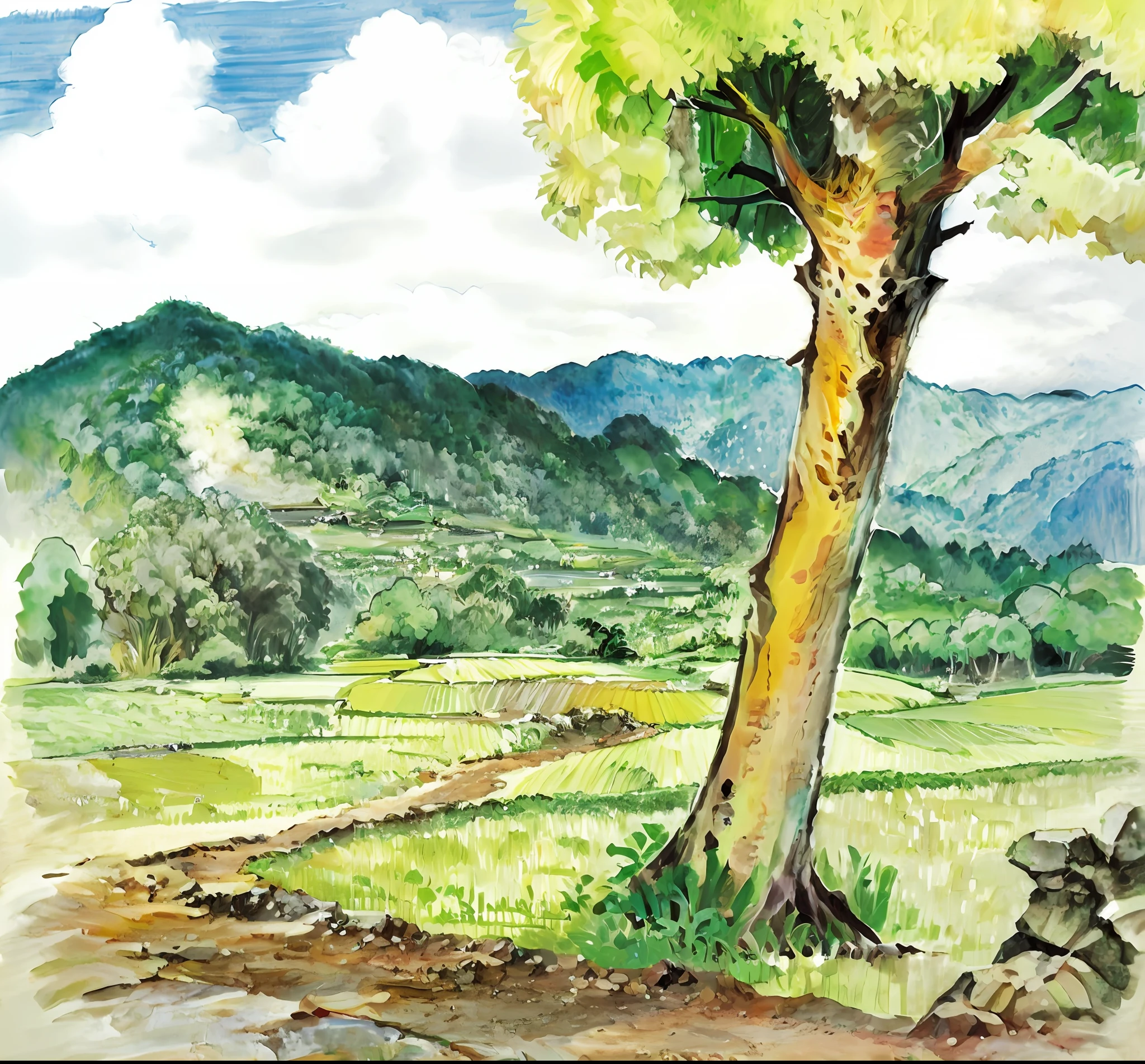 trees, rice fields in south east asian country, dirt road, landscape illustration, art station landscape, mountain background, digital art style.