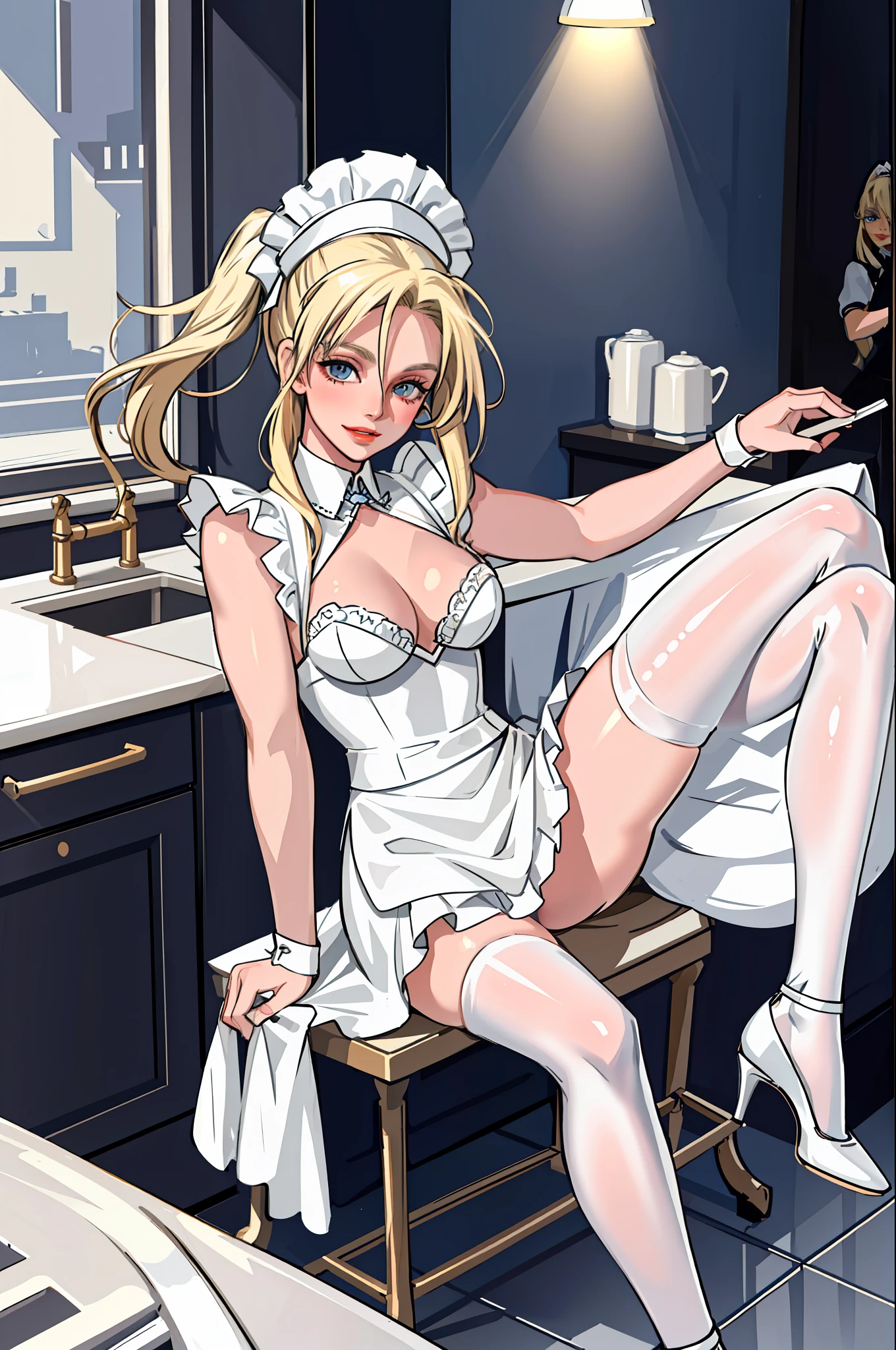 ((Britney Spears)), {{{masterpiece}}}, {realistic:1.2}, best quality, official art, extremely detailed CG unit 8k wallpaper, day, artbook, game_cg, ((Britney Spears 1girl)), NSFW, overexposed, milf, detailed bra, medium breasts, solo, long blonde hair, seductive smile, blue eyes, {white pantyhose}, high heels, sexy maid clothes, (in the kitchen) maid cap, crossed_legs,  eye_contact, {beautiful eyes detailed gradient}, red lips, illustration, highlights, cinematic lighting, dramatic angle