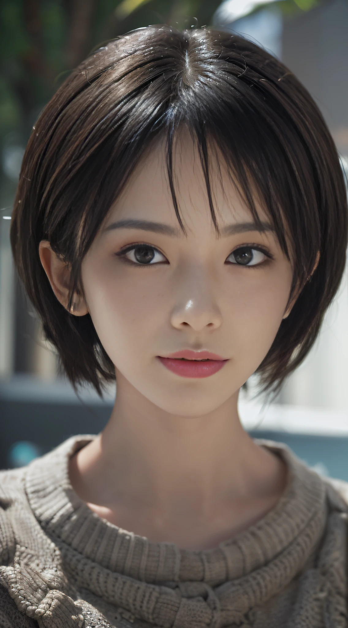 (masterpiece:1.3), (8k, photorealistic, RAW photo, best quality: 1.4), (1girl), beautiful face, (realistic face), (black hair, short hair:1.3), short hair, realistic eyes, (realistic skin), beautiful skin, (sweater), ridiculous, attractive, Ultra high resolution, super realistic, very detailed, golden ratio