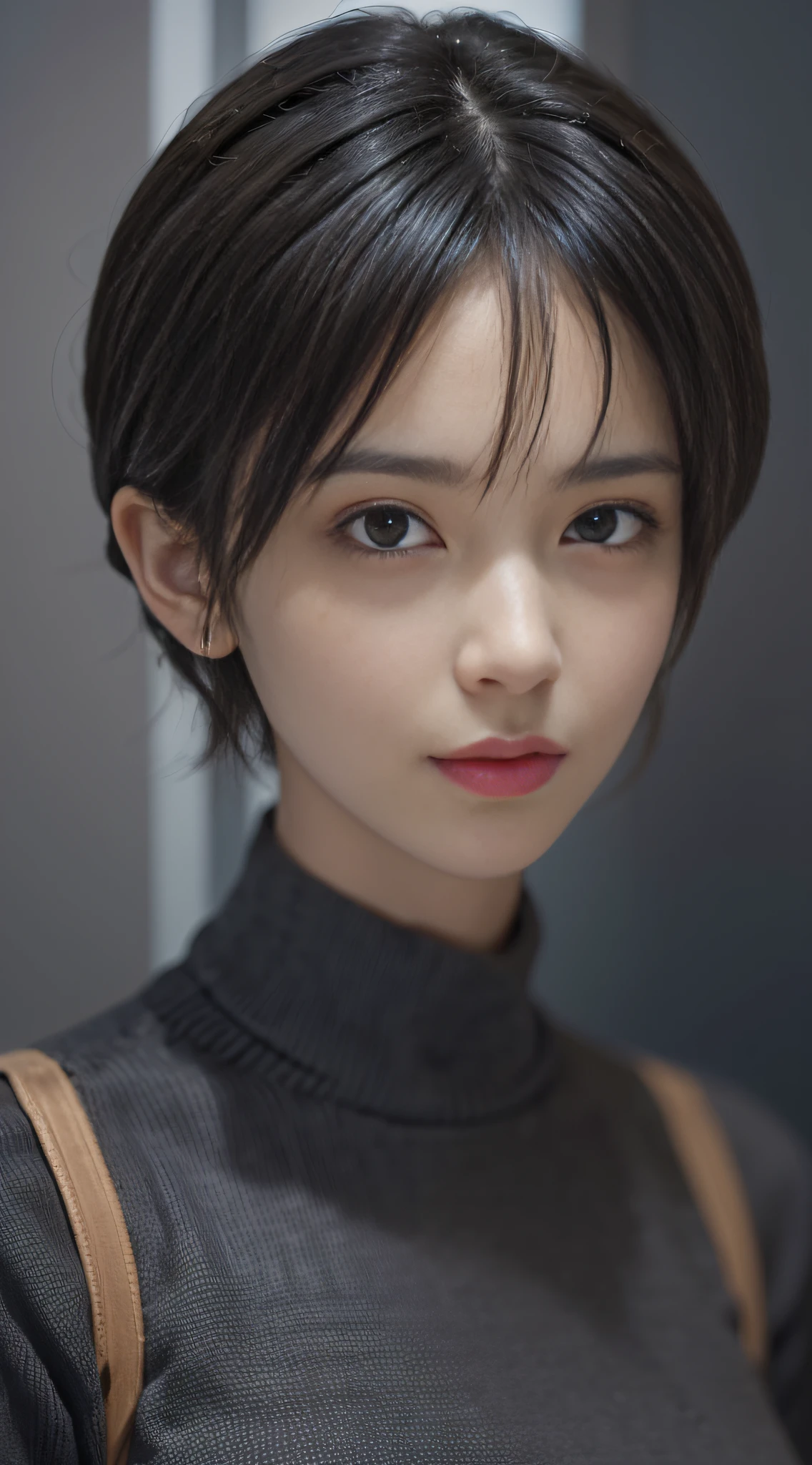 (masterpiece:1.3), (8k, photorealistic, RAW photo, best quality: 1.4), (1girl), beautiful face, (realistic face), (black hair, short hair:1.3), short hair, realistic eyes, (realistic skin), beautiful skin, (sweater), ridiculous, attractive, Ultra high resolution, super realistic, very detailed, golden ratio