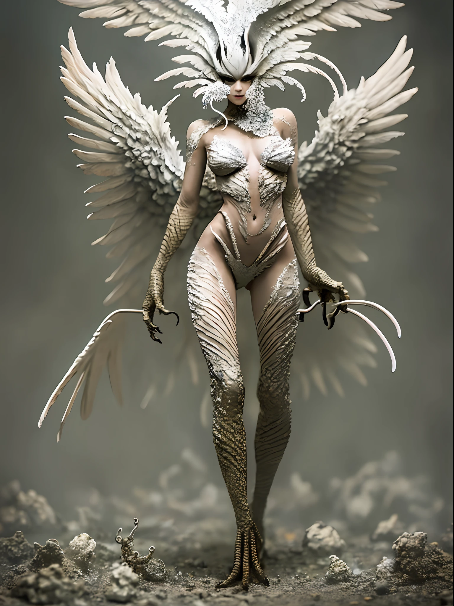 1girl,Standing birdfoot,  (anthropomorphic, beauty, sirene, fang, white feathers), ( full body), 8k, (original), cg, skin scales, fracture, masterpiece, realistic photo, original photo, sfw, dirty (0.8), (blood: 0.7), (super detailed), sharply focused, pastel colors, 8k, 8mm, shiny, gel particles, war photography,