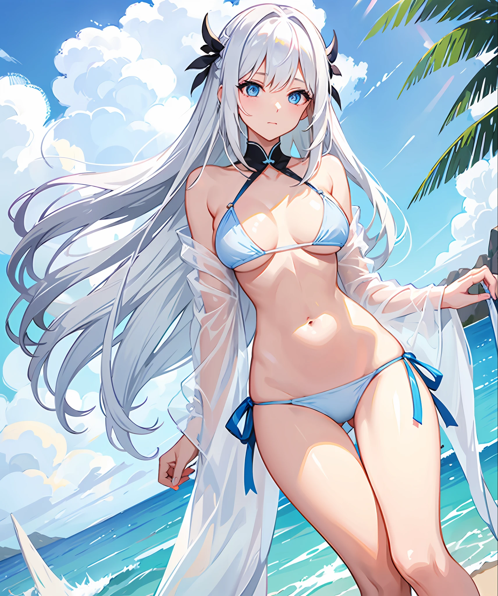 sexy, white hair, medium breast, blue eye, side tie bikini, slim legs, long hair, sunny day