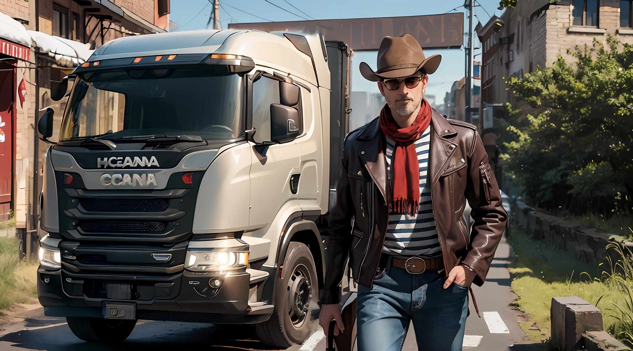 (photorealistic image), (high quality), (night landscape), (road champions), (Vehicle: Scania truck, color: piano black), (Truck: two axles), (Trailer type: open), (Cargo type: boxes), (Illuminated LED backgrounds), (Night lighting).