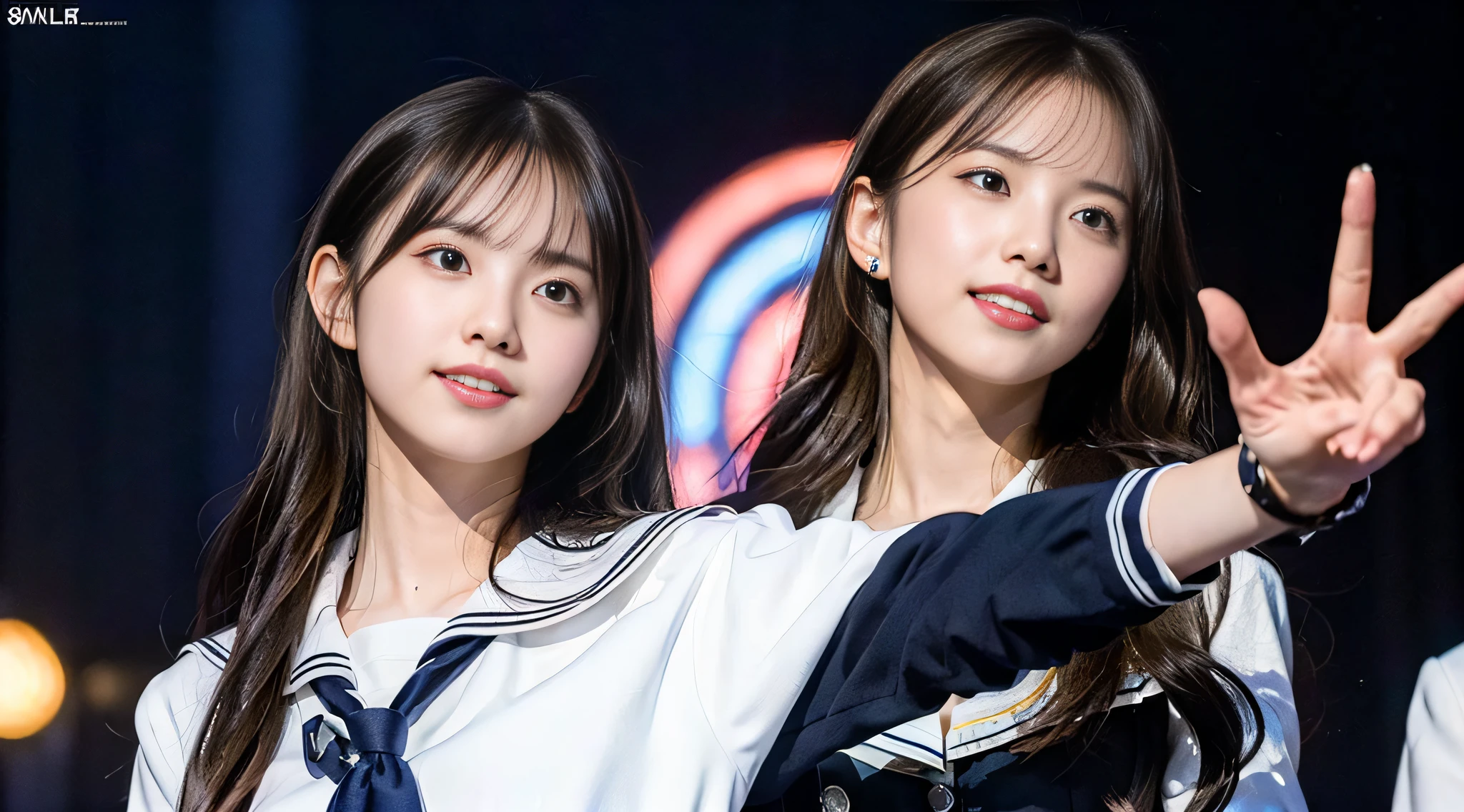 (8k, RAW photos, top quality, masterpiece: 1.2), super detail, super resolution, (photorealistic: 1.4), , high school girl miss con, schoolgirl posing on stage, smile so much that you can see teeth, full body shot, full body photo, high resolution RAW color photo, beautiful and shiny stage light, real light, detailed background of female proofreading miss con 2022, Dancing on stage, swaying skirt, holding a microphone in her right hand, very detailed and beautiful background, super high image quality, 8k wallpaper, amazing details, very fashionable and delicate uniform, very detailed beautiful girl, very detailed face very detailed eyes, very realistic skin, very detailed fingers, very detailed nose, very detailed mouth, perfect anatomy, very detailed background, very detailed clothes, teen, Cute girl, Famous Japan idol, Cute, Realistic body, Slender, White skin, Glowing skin, Slim body, Long straight hair, (Dull bangs:1.2), Realistic face, Delicate eyes, Double eyelids, Sailor suit, red tie, pink eye shadow, (((Hair is fluttering every time a high school girl dances)), Celebrity-level cuteness, Modern female proofreading, ( Heart mark under the eye wo) (Cute pose)