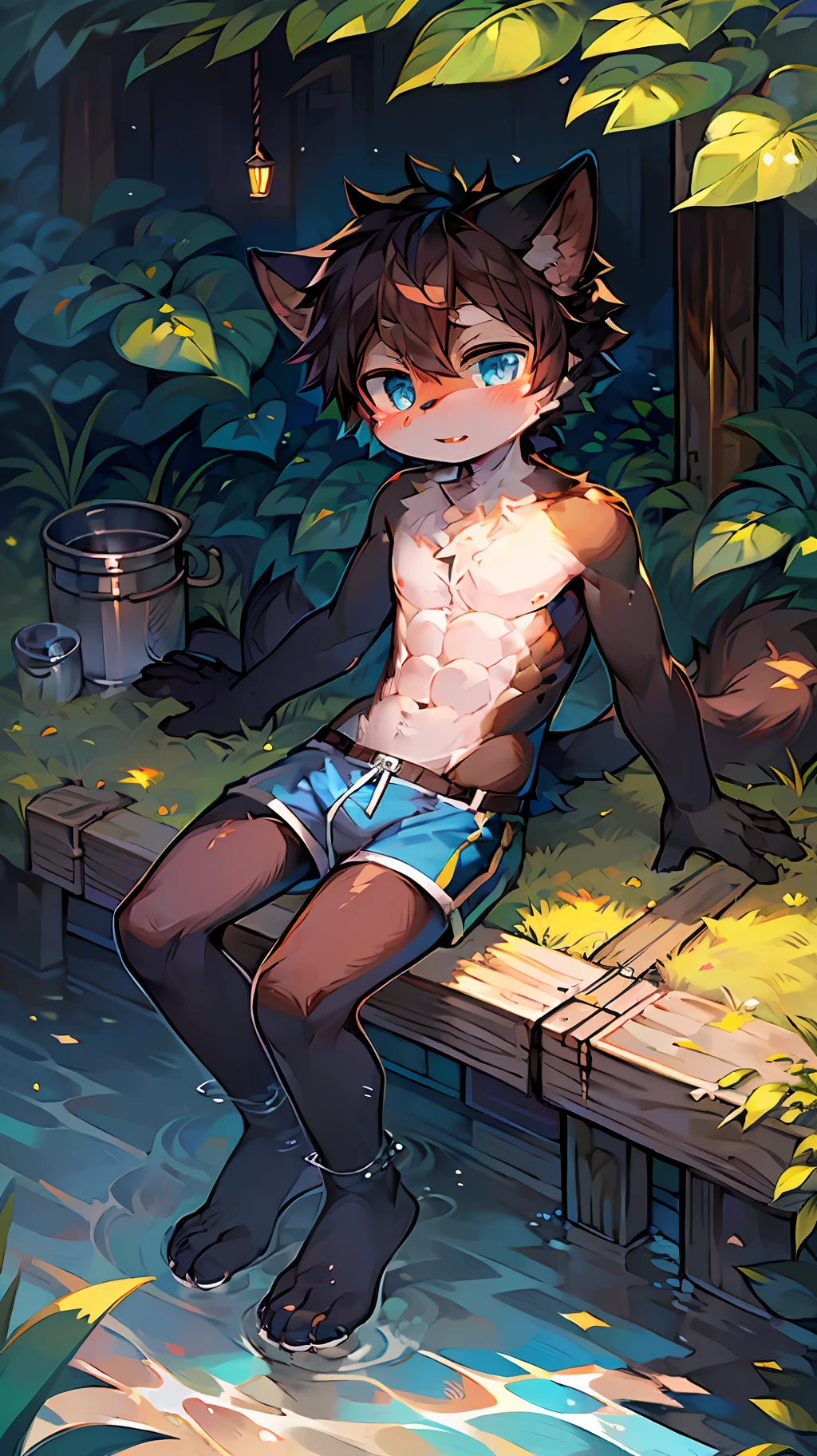 Bright environment: 0.8), masterpiece, high quality, abstract res, digital painting\(artwork), by dagasi, yupa, kiyosan, (anthro, fluffy fur, character focus: 1.1), anthro male cat, short hair, portrait, Bright eyes, panorama, character focus. (detailed background: 0.7), solo, furry, furry male, male focus, anthr, (full body fur, big fluffy tail, white yellow black fur, blue eyes, black hair, abs: 1.2), (small cat, blue shorts: 1.2), (outside, morning, hook fish by the river: 1.1