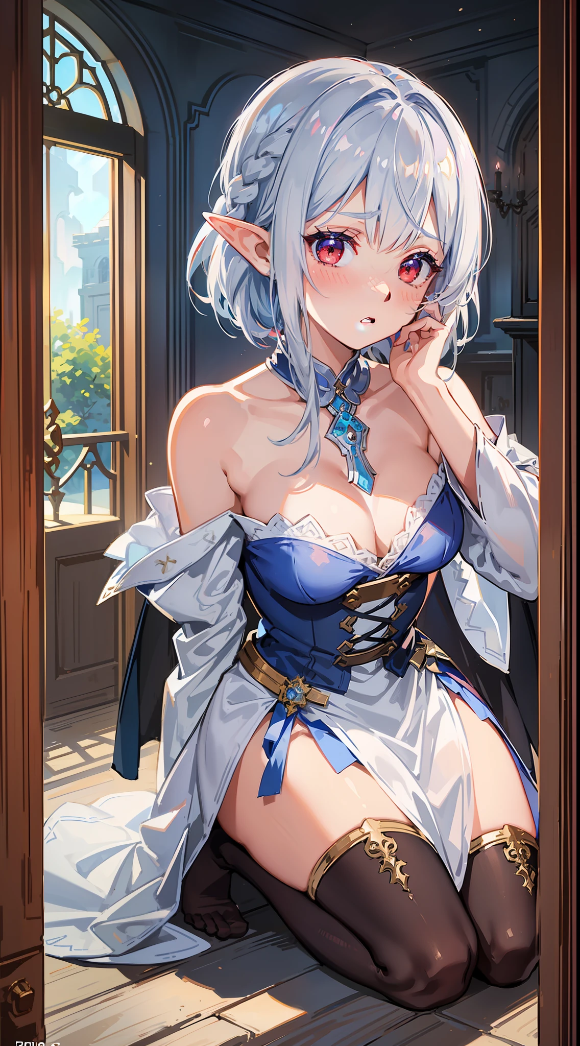 1 girl, elf, silver hair, red eyes, bob cut, braided hair, ((facing forward)), ((putting both hands on her face)), ((surprised)), (blush), fantasy style costume, wizard, robe, long skirt, tights, indoors, kneeling, concept art, beautiful anime scene, beautiful anime scenery, top rating on pixiv, best quality, 4K