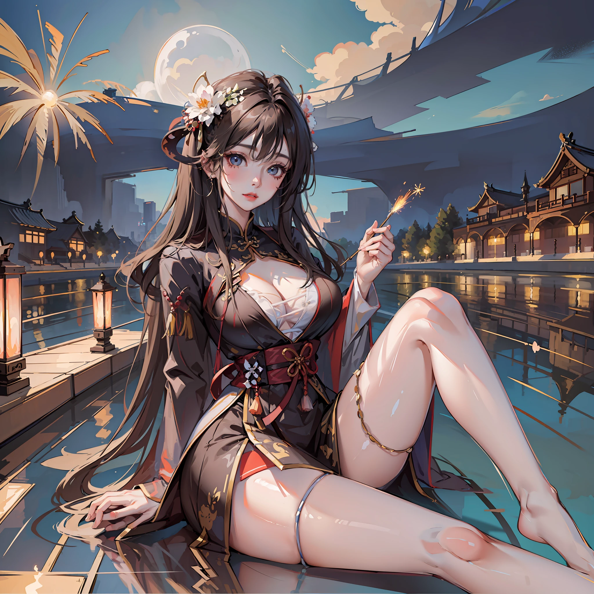 A beautiful mature girl, Spring Festival atmosphere, the light of fireworks, sitting on the side of the boat, perfect facial features, perfect hands, perfect legs, glowing skin, reflection in the water, big breasts, eyes looking at the sky,