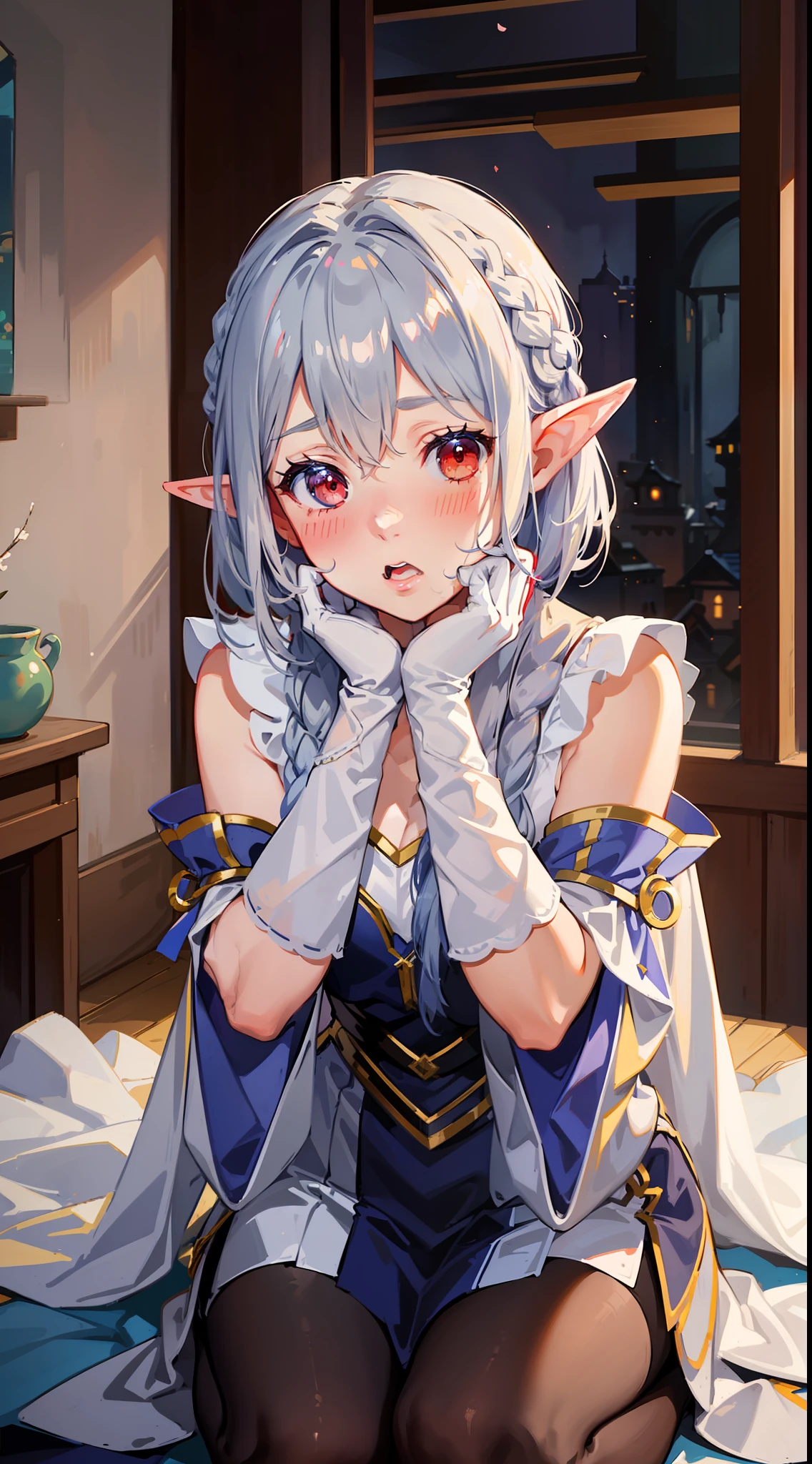 1 girl, elf, silver hair, red eyes, bob cut, braided hair, ((facing forward)), ((putting both hands on her face)), ((surprised)), (blush), fantasy style costume, wizard, robe, long skirt, tights, indoors, kneeling, concept art, beautiful anime scene, beautiful anime scenery, top rating on pixiv, best quality, 4K