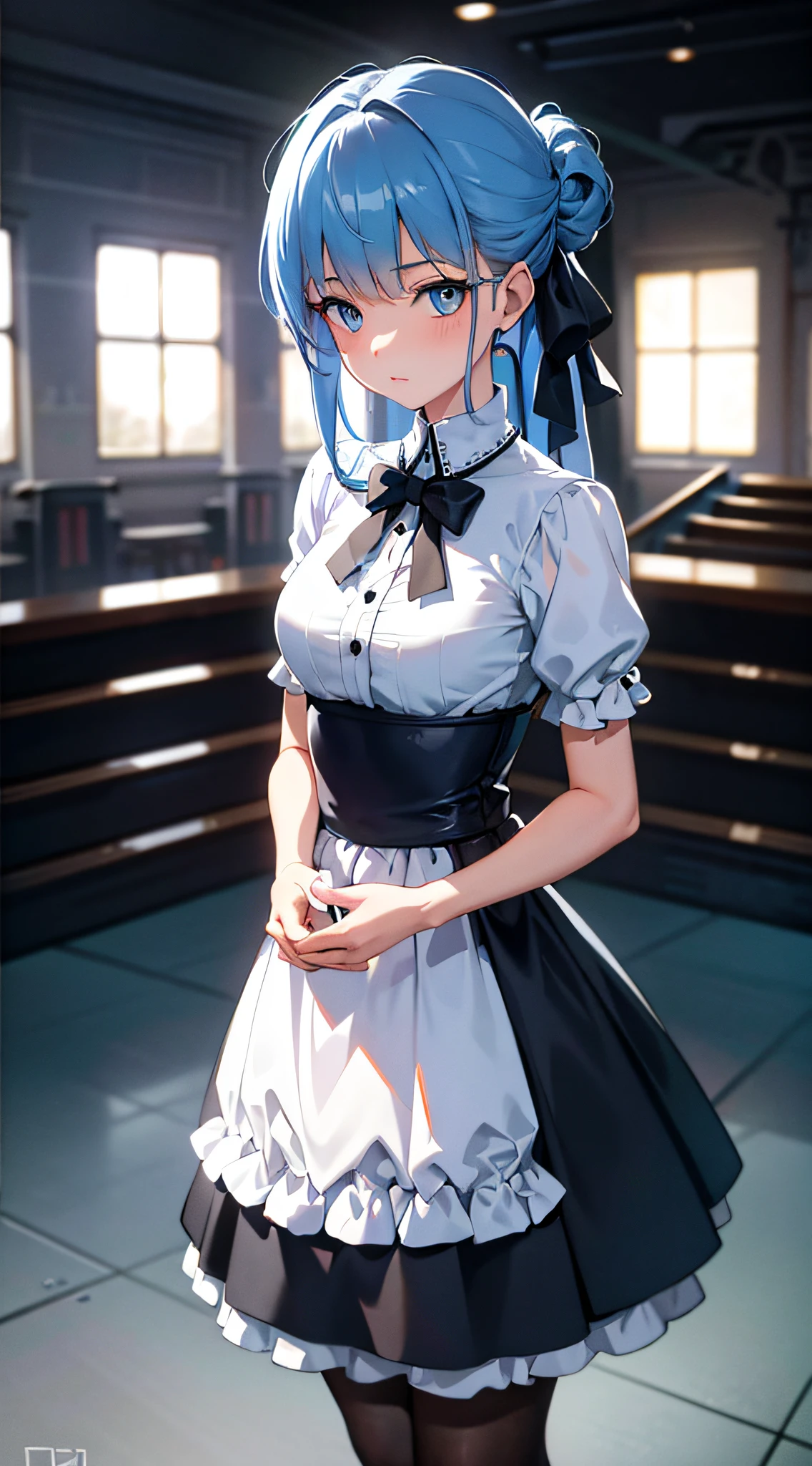 ((masterpiece)), (best quality), (detailed), (1girl), blue hair, blue eyes, updo, white shirt, black dress, looking down on the audience