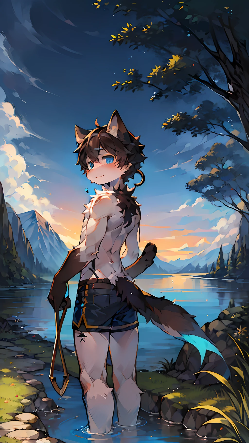 Bright environment: 0.8), masterpiece, high quality, abstract res, digital painting\(artwork), by dagasi, yupa, kiyosan, (anthro, fluffy fur, character focus: 1.1), anthro male cat, short hair, portrait, Bright eyes, panorama, character focus. (detailed background: 0.7), solo, furry, furry male, male focus, anthr, (full body fur, big fluffy tail, white yellow black fur, blue eyes, black hair, abs: 1.2), (small cat, blue shorts: 1.2), (outside, morning, hook fish by the river: 1.1