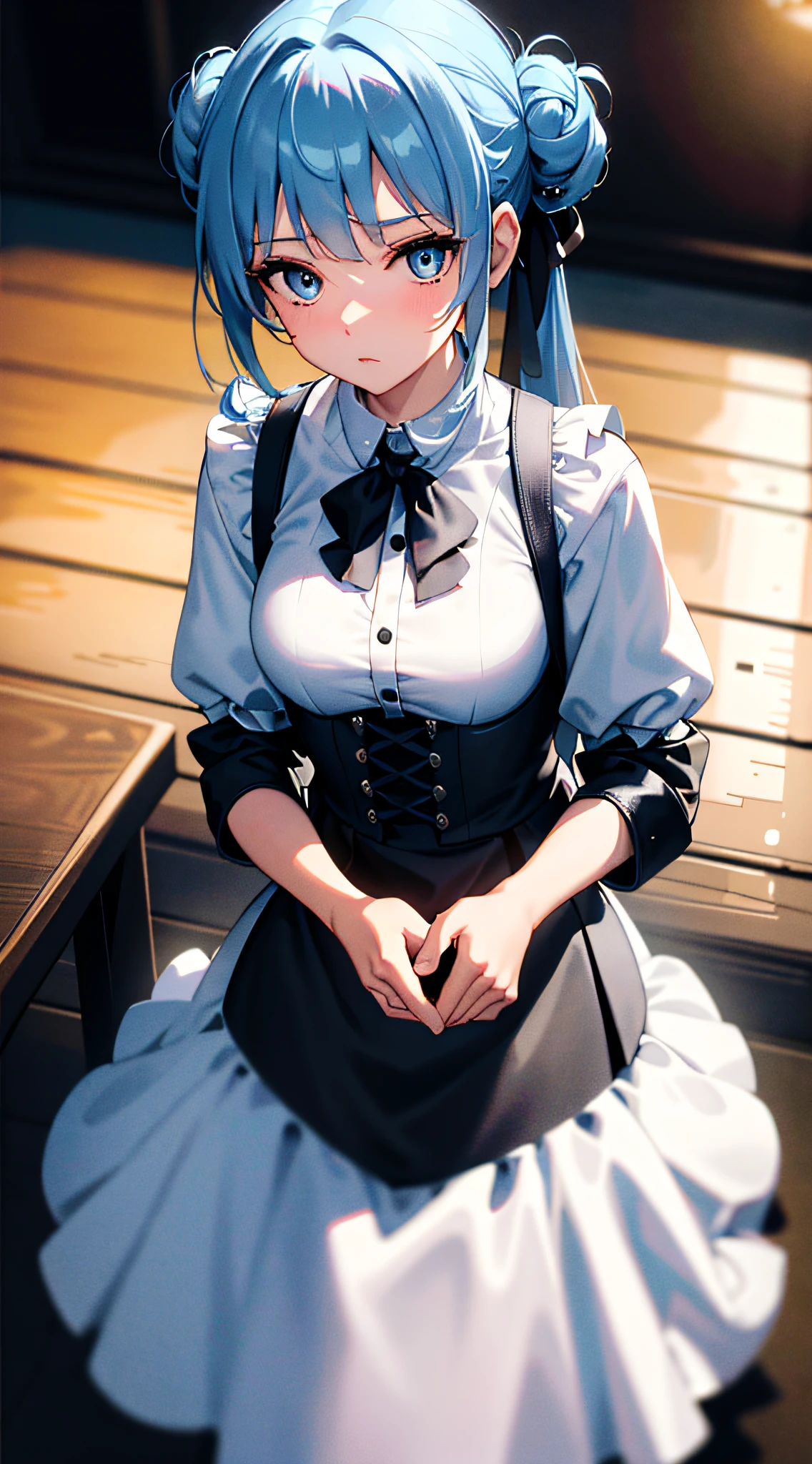 ((masterpiece)), (best quality), (detailed), (1girl), blue hair, blue eyes, updo, white shirt, black dress, looking down on the audience