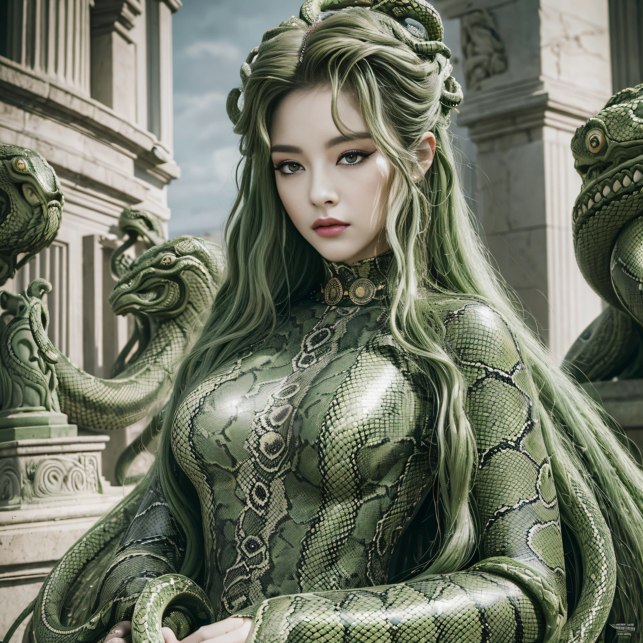 ((best quality)), ((masterpiece)), (detailed), (realistic), powerful Medusa queen, serpent-like hair, (mythological:1.2), (goddess-like:1.1), (snakes hissing:1.1), (intense gaze:1.1), (regal attire:1.2), (stone statues in the background:1.1), (dark and mysterious atmosphere:1.1), (8k resolution:1.2)