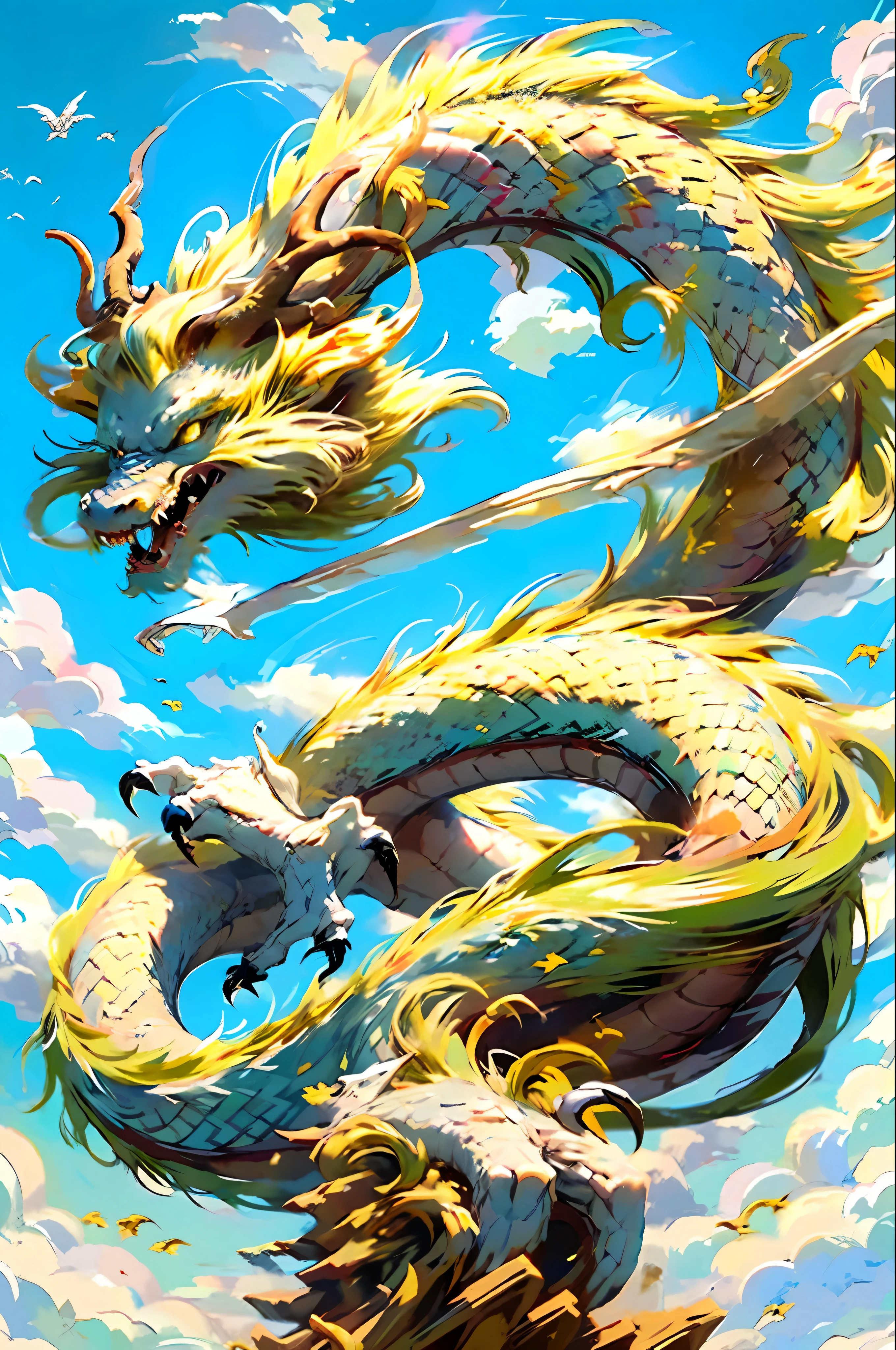 Best quality,masterpiece,ultra high res,nu no humans, (long:1.2),sky, yellow eyes, cloud, scales, eastern dragon, open mouth, sharp teeth, flying, horns, teeth, day, claws, fangs, blue sky