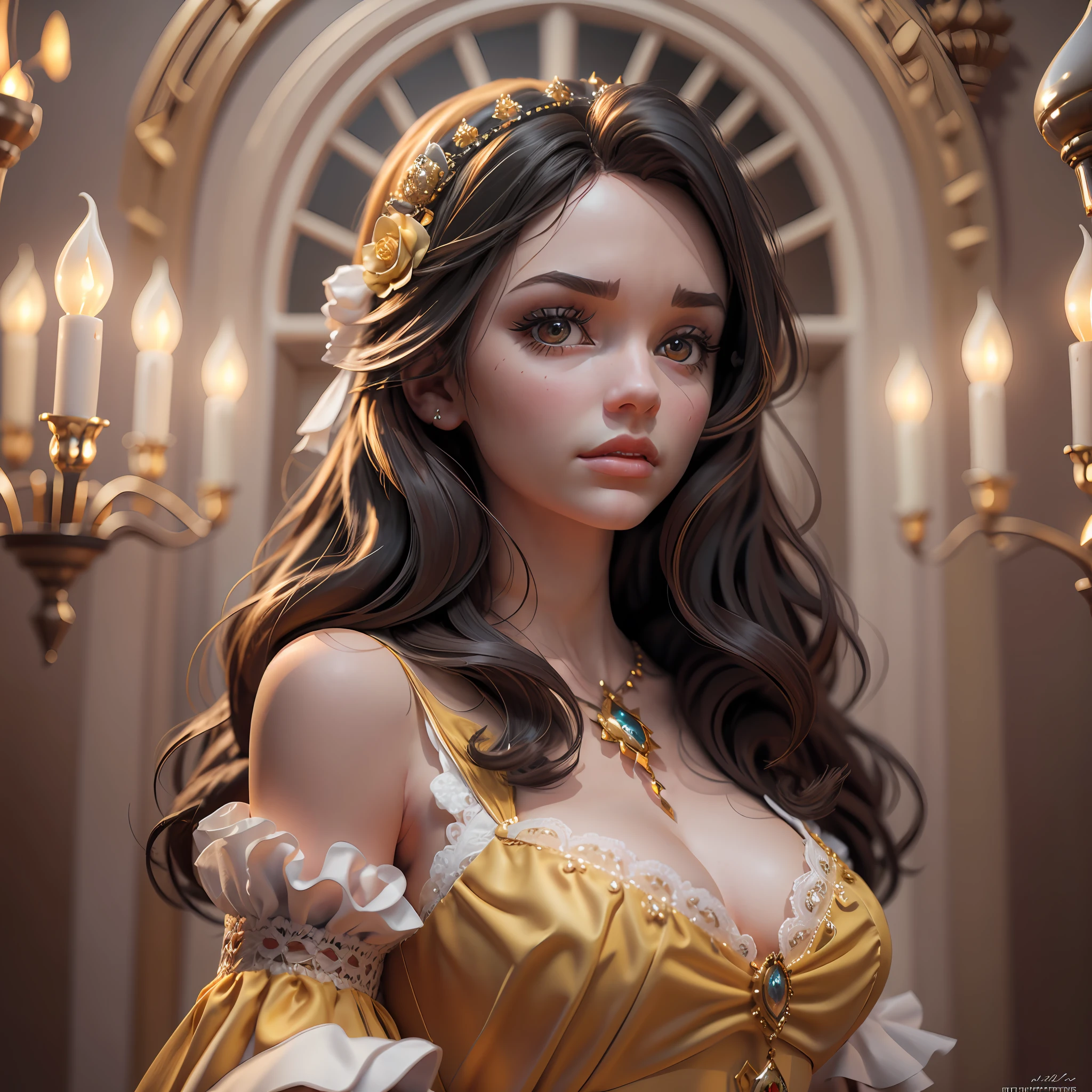 the belle beauty doll is dressed in a yellow gown in front of chandeliers, in the style of rendered in cinema4d, realistic portraiture, uhd image, light crimson and white, wavy, close-up intensity --auto --s2