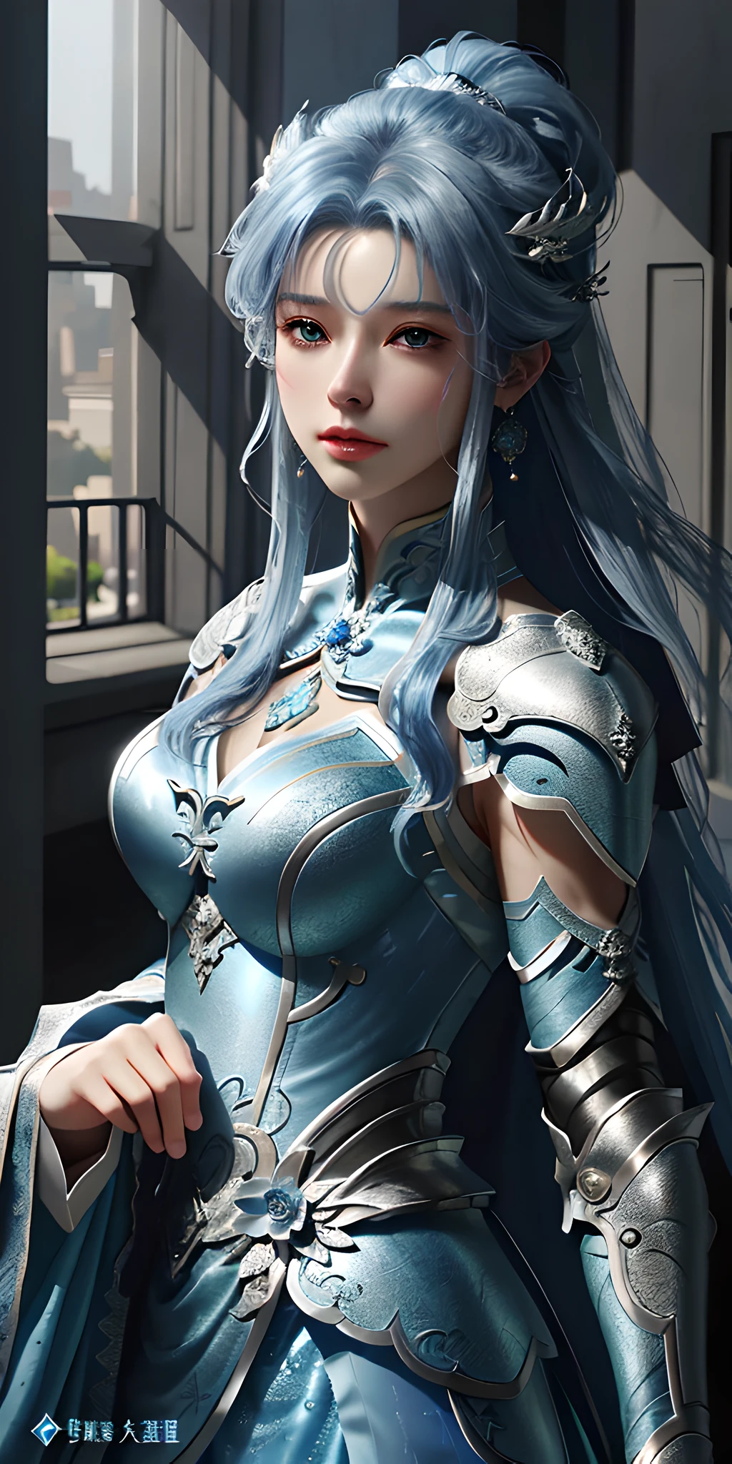 a close up of a woman in a silver and blue dress, chengwei pan on artstation, 灰蓝色头发, detailed fantasy art, stunning character art, fanart best artstation, epic exquisite character art, beautiful armor, extremely detailed artgerm, detailed digital anime art, artgerm on artstation pixiv, armor girl,