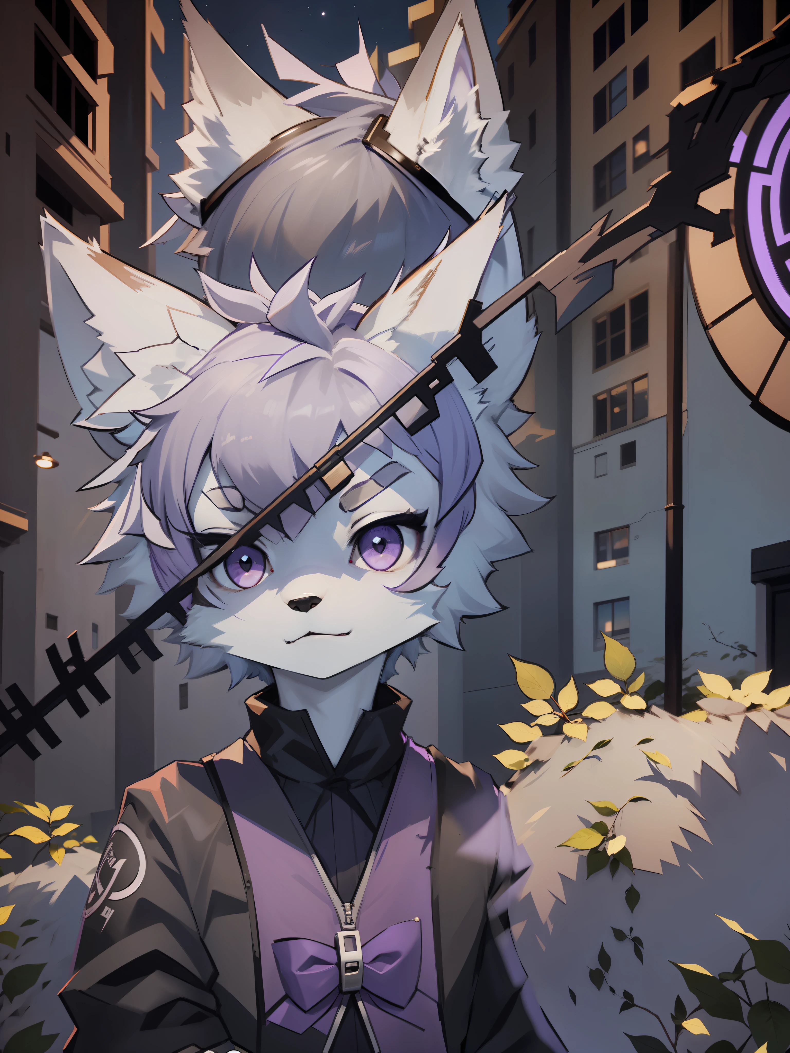 Wolf face, purple eyes, eyes can reflect the clock pattern, city background, neat picture, pure white hair all over, a little purple hair dye, ager, male, gentle, wolf ears, white ears, closed mouth, melancholy, cute, dark blue top, wolf facial features, wolf palm, furry, furry, furry, furry, short hair, cute teen, wolf, front face