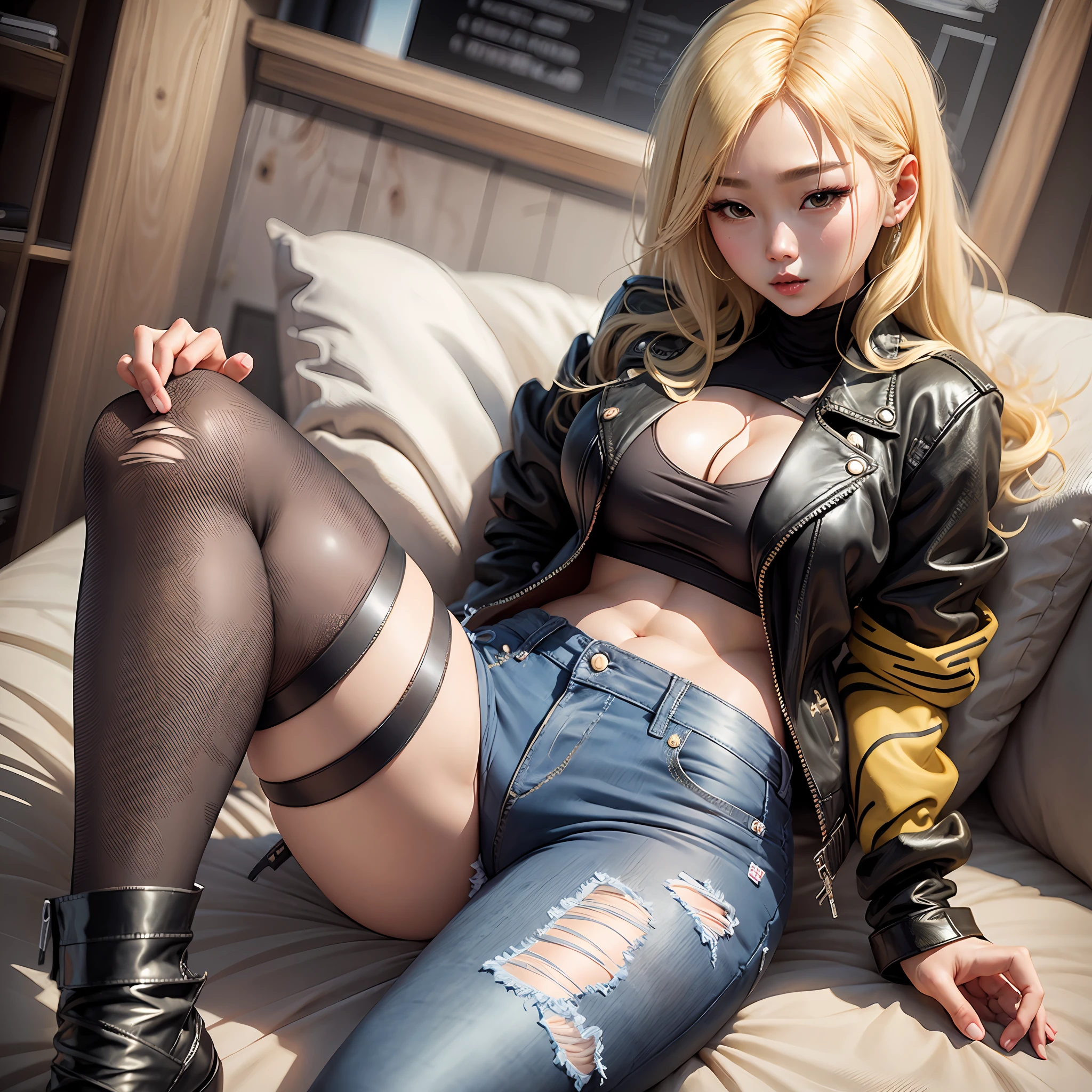 Beautiful Korean women wear black stockings, wear torn jeans jacket, big breasts, blonde hair --auto --s2