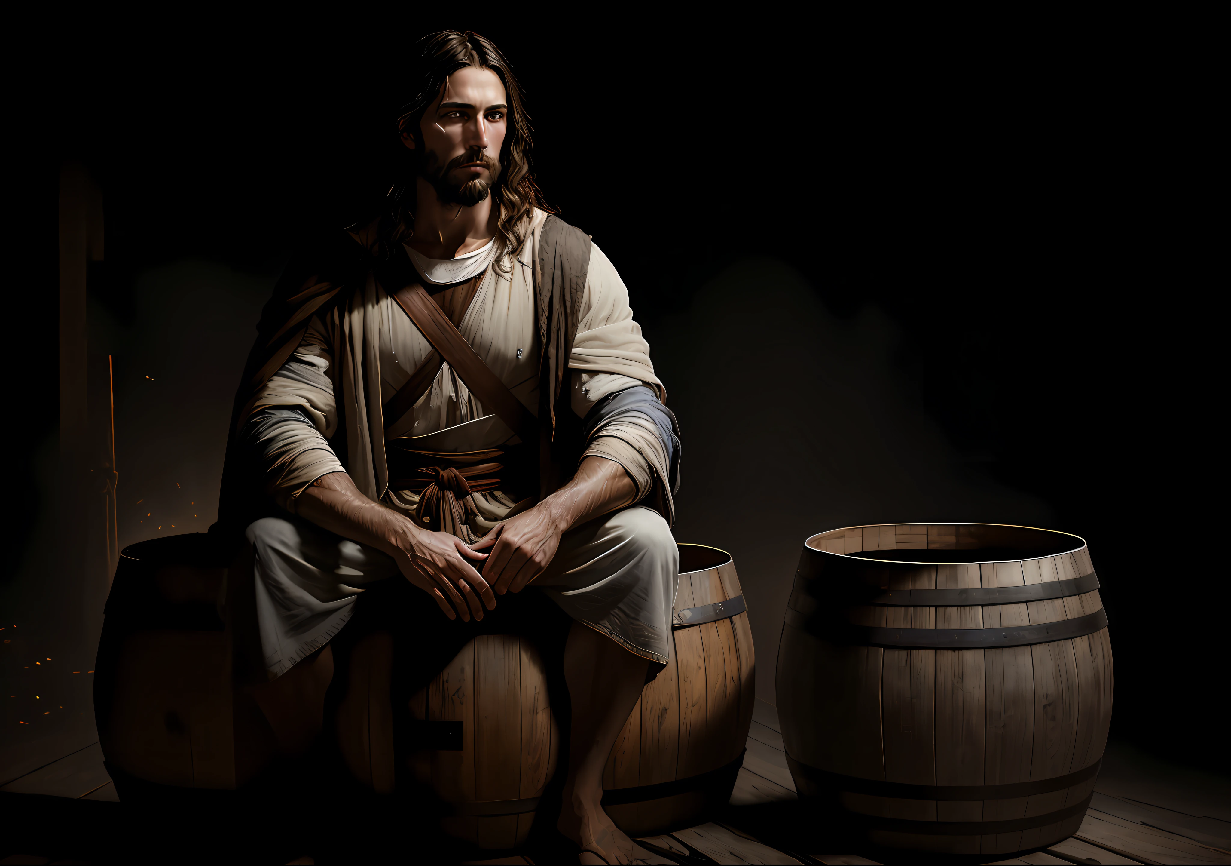 JESUS CHRIST sitting in the barrel Dark photo: realistic epic, soft cinematic portrait, adobe lightroom, photographic lab, highly detailed, faded, art by Greg Rutkowski and artgerm ,neutral colors: 1,2), (hdr:1,4) , (soft colors:1.2), hyperdetailed, (artstation:1.4), cinematic, warm lights, dramatic light, (intricate details:1.1), complex background, (rutkowski:0.66), (blue and orange:0.4)