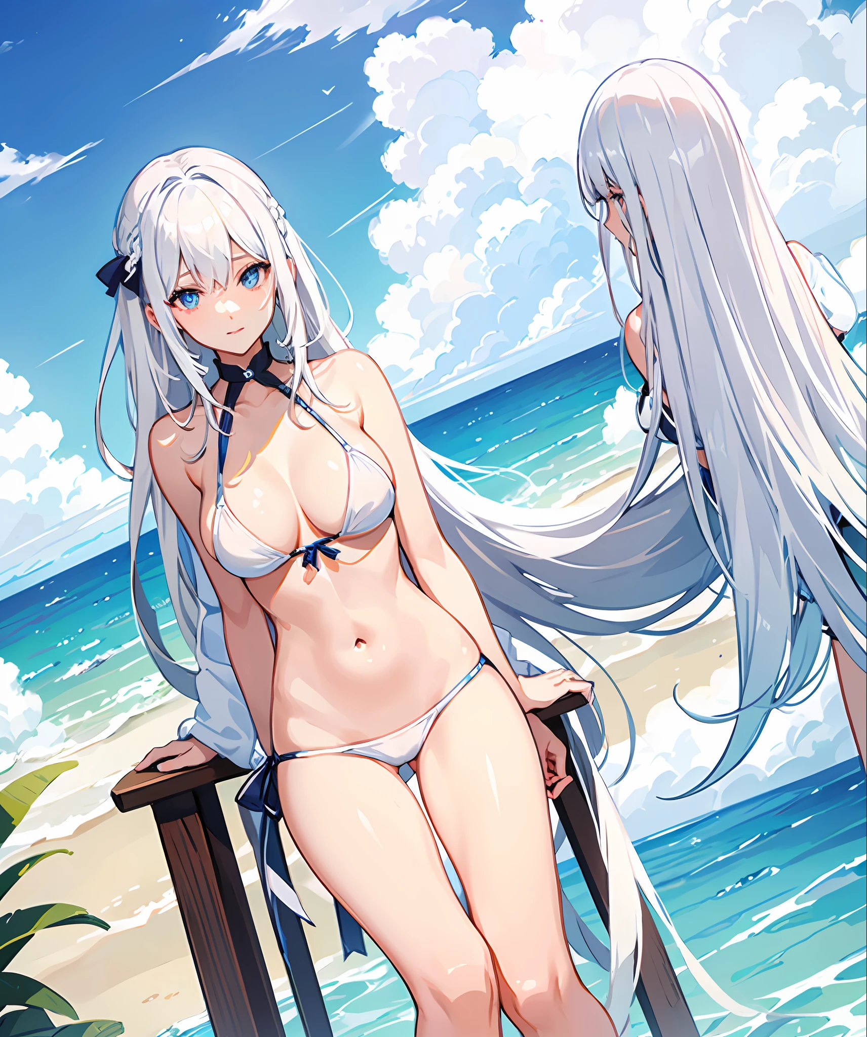 sexy, white hair, medium breast, blue eye, side tie bikini, slim legs, long hair, sunny day