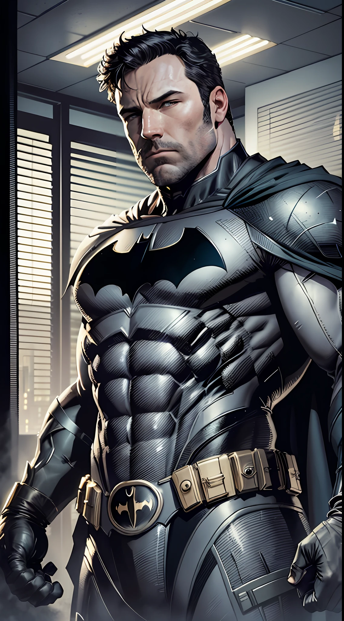 1 man, solo, Ben Affleck as Batman, tall, hunk, muscular, bulk, wide shoulder, photorealism, dark dirty grey suit, dark grey arms, ((no mask)), mask off, black hair, black gloves, best quality, masterpiece, high resolution:1.2, black cape, high detailed mask, high detailed suit, high detailed face, award winning, night time, a dark cave in the background, indoors