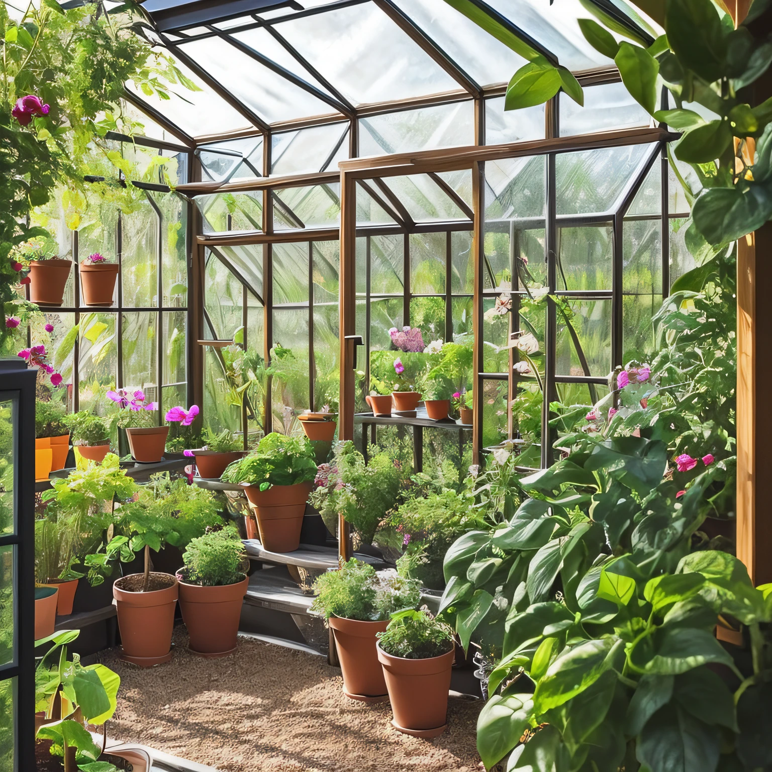(natural, earthy, hyper realistic) small greenhouse garden, (amateur photography, phone camera), (homemade, cozy) afternoon, warm light. --auto --s2