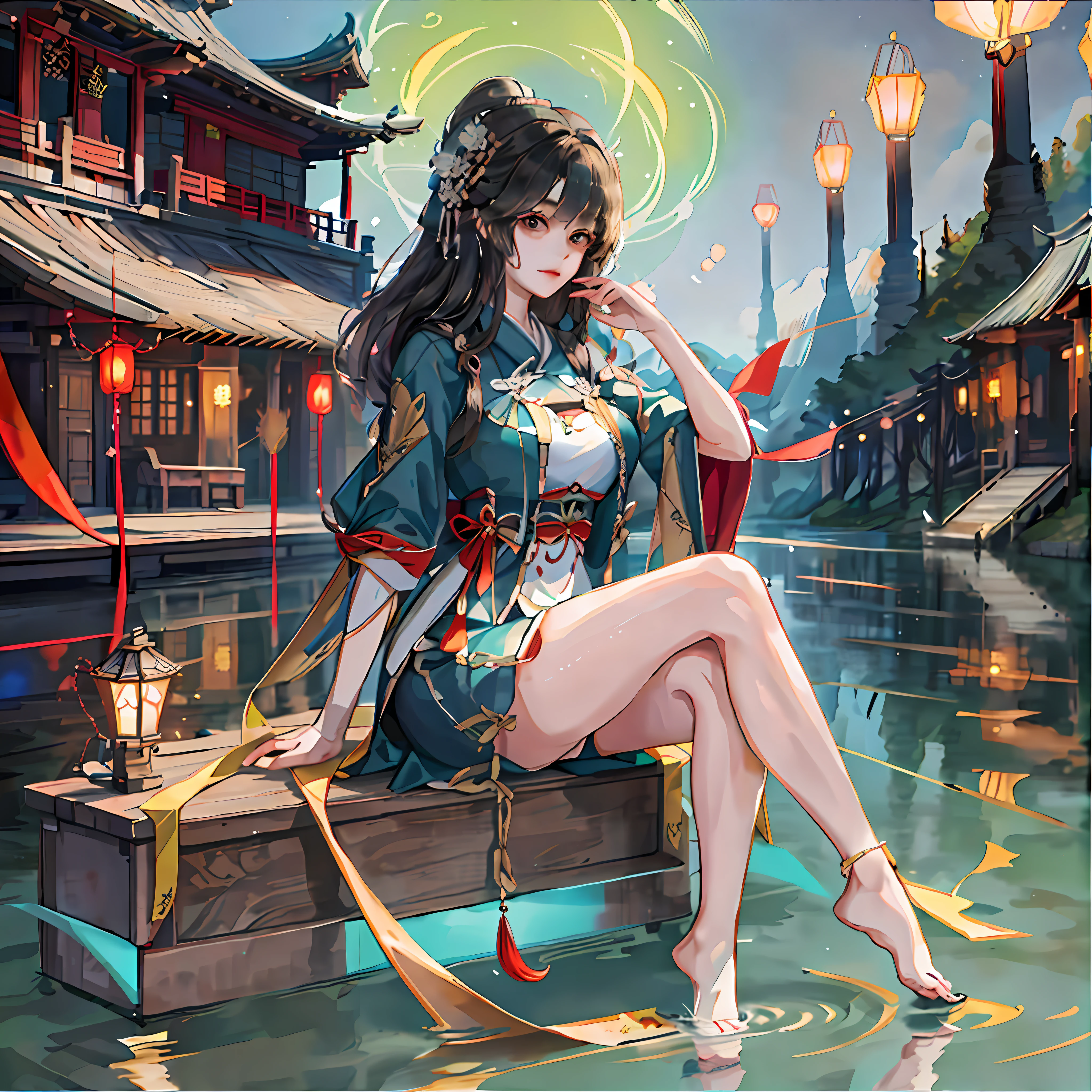 anime girl sitting on a bench in a river with a lantern, by Yang J, kawacy, trending on cgstation, guweiz on pixiv artstation, guweiz on artstation pixiv, trending on artstation pixiv, by Shitao, artwork in the style of guweiz, palace , a girl in hanfu, beautiful digital artwork