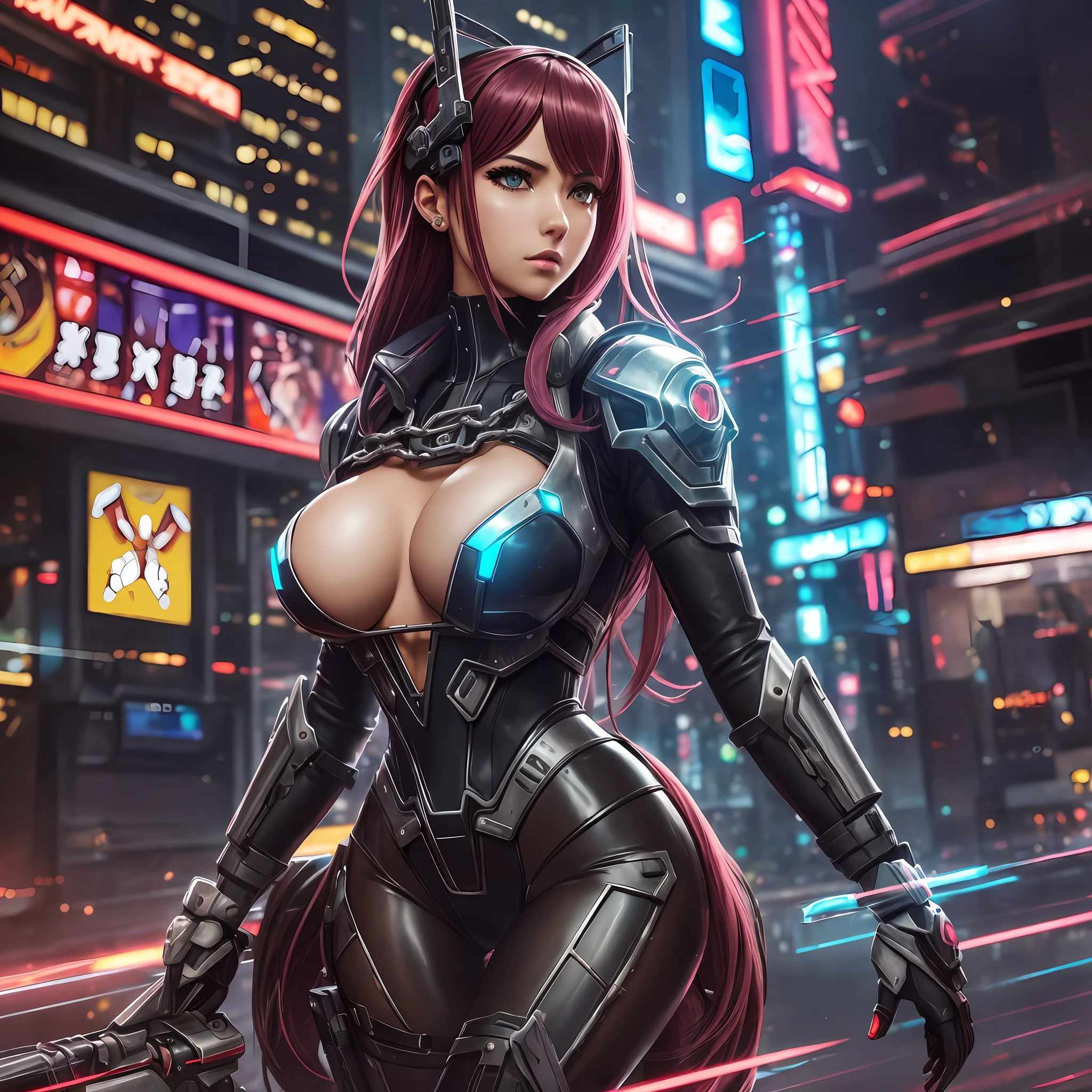 Pokemon inspired, sexy female mech prostitute, Waifu, sexy, large breasts, Dark_Fantasy, in front of a futuristic strip club, viral NFT trending on Pixiv,Cyberpunk,(chain saw,chain saw man,Red:1.1),Mechanical marvel,Robotic presence,Cybernetic guardian, wearing a detailed mech suit, Warframe, intricate, (steel metal [rusty]), elegant, clear focus, shot by greg rutkowski, soft lighting, vibrant colors, masterpiece, ((street)), cowboy shot, dynamic pose, breasts exposed, chest exposed, latex body suit torn, action scene, Lolita waifu, one girl --auto --s2