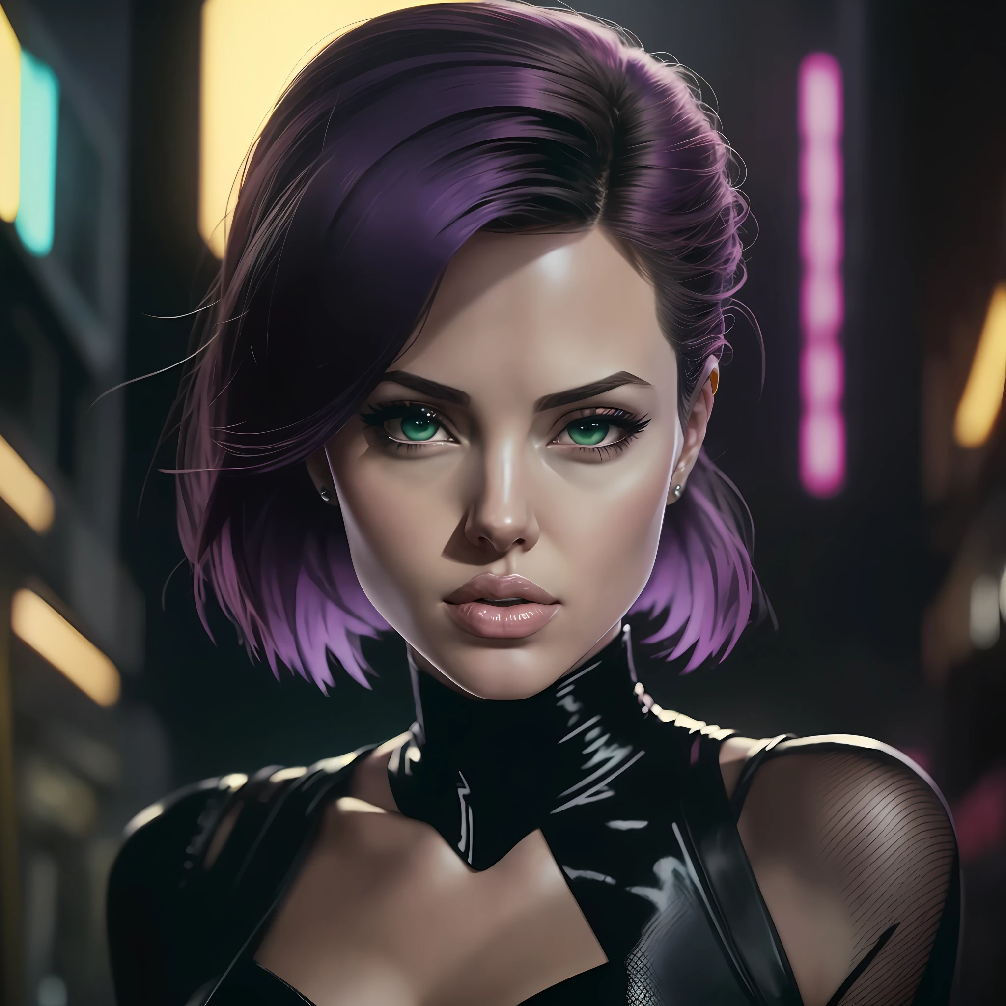 Angelina Jolie mixed with Scarlett Johansson face, photo realistic face, purple short hair, sci-fi, standing with her mouth sewn up, showing off her entire body in suit and tie Dark photo: realistic epic, distant portrait, green eyes, black hair by James Gilleard, by Joe Fenton, by Kaethe Butcher, yellow gradient, black, brown and magenta color scheme, grunge aesthetic!!! photo realistic, (Kodak Vision 35mm film), (cinematic film still from Blade Runner 1982), medium closeup, eye focus --auto --s2
