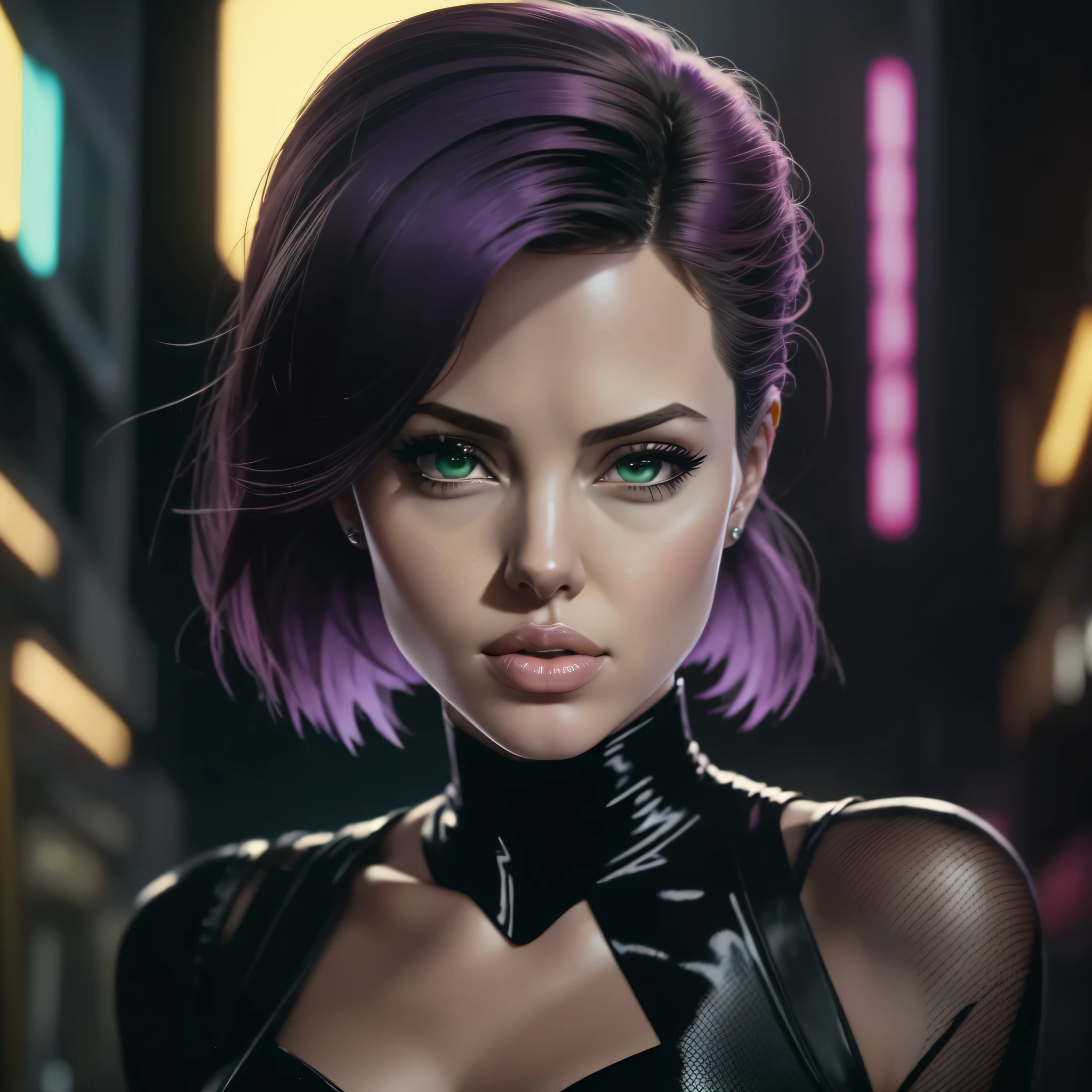 Angelina Jolie mixed with Scarlett Johansson face, photo realistic face, purple short hair, sci-fi, standing with her mouth sewn up, showing off her entire body in suit and tie Dark photo: realistic epic, distant portrait, green eyes, black hair by James Gilleard, by Joe Fenton, by Kaethe Butcher, yellow gradient, black, brown and magenta color scheme, grunge aesthetic!!! photo realistic, (Kodak Vision 35mm film), (cinematic film still from Blade Runner 1982), medium closeup, eye focus --auto --s2