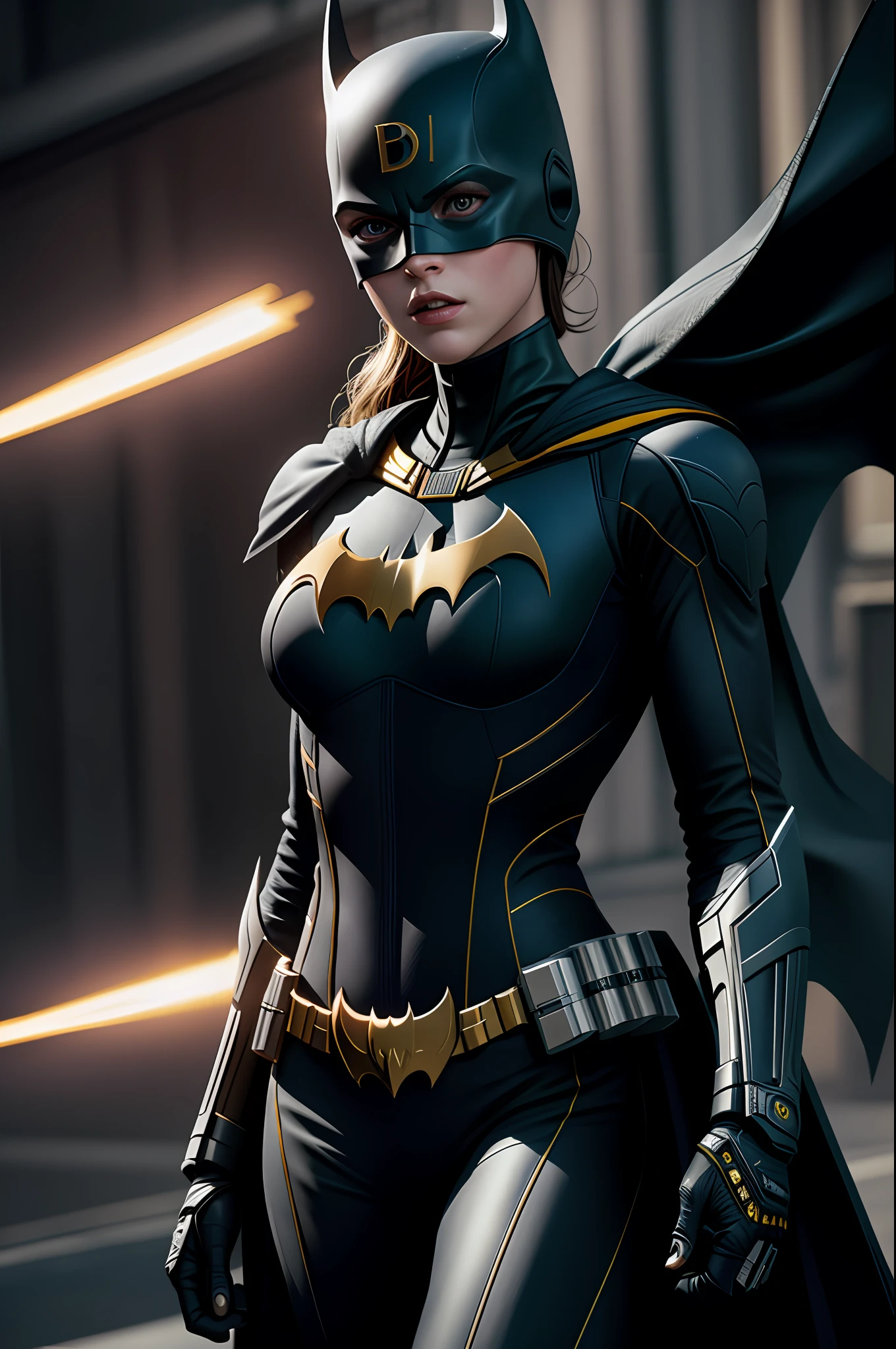 (8k, RAW photo, best quality, masterpiece:1.2), ultra detailed, official art, photo-realistic:1.37, upper body shot, DC Batgirl, film grain, action pose