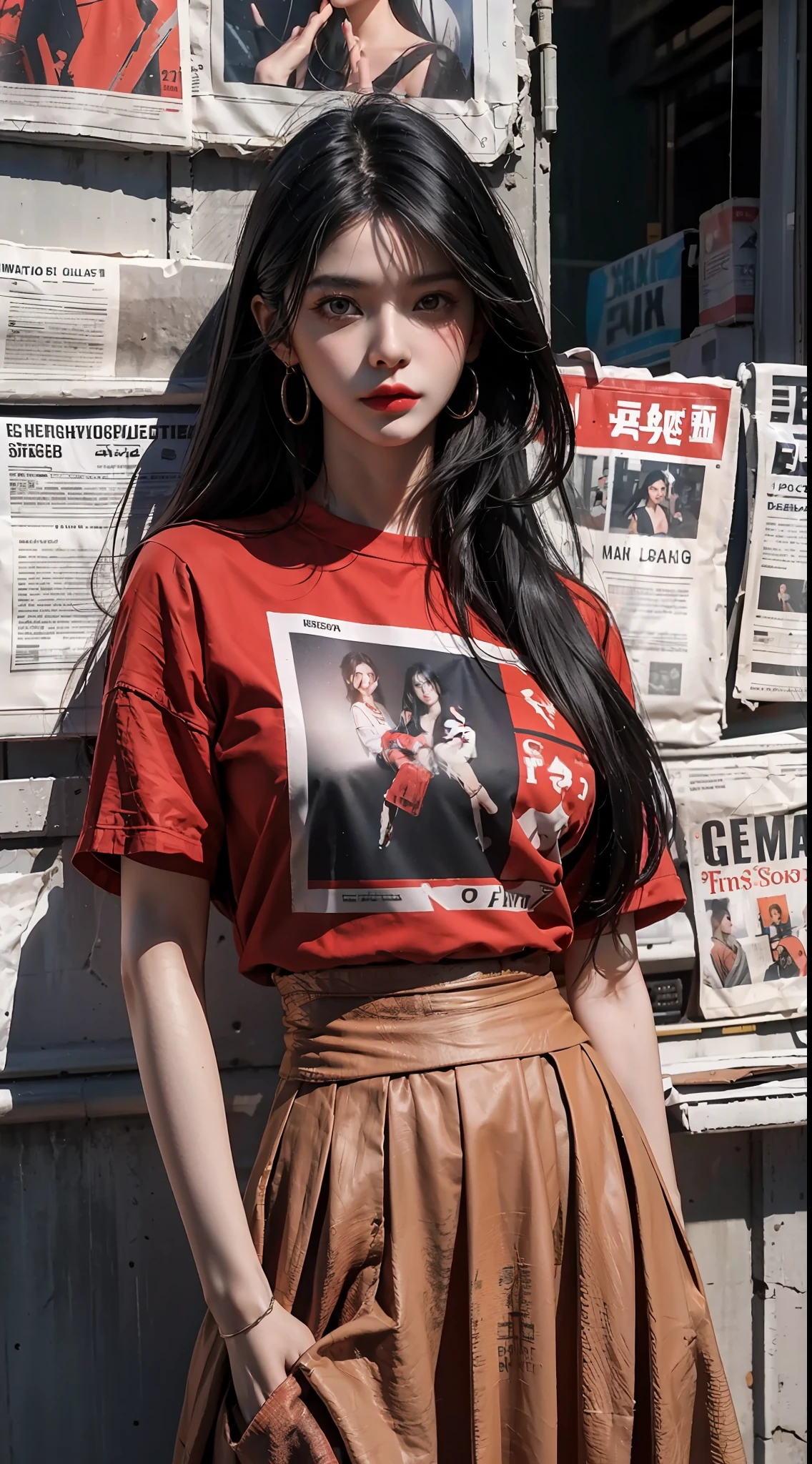 On the street, cyberpunk, a girl standing in front of a wall with newspaper pasted on the wall, black hair, facial focus, black eyes, witty and beautiful facial features, red shirt, apricot split long skirt, dynamic pose, HDR, detailed details, fashion, cinematic light, detailed clothing texture, bright style