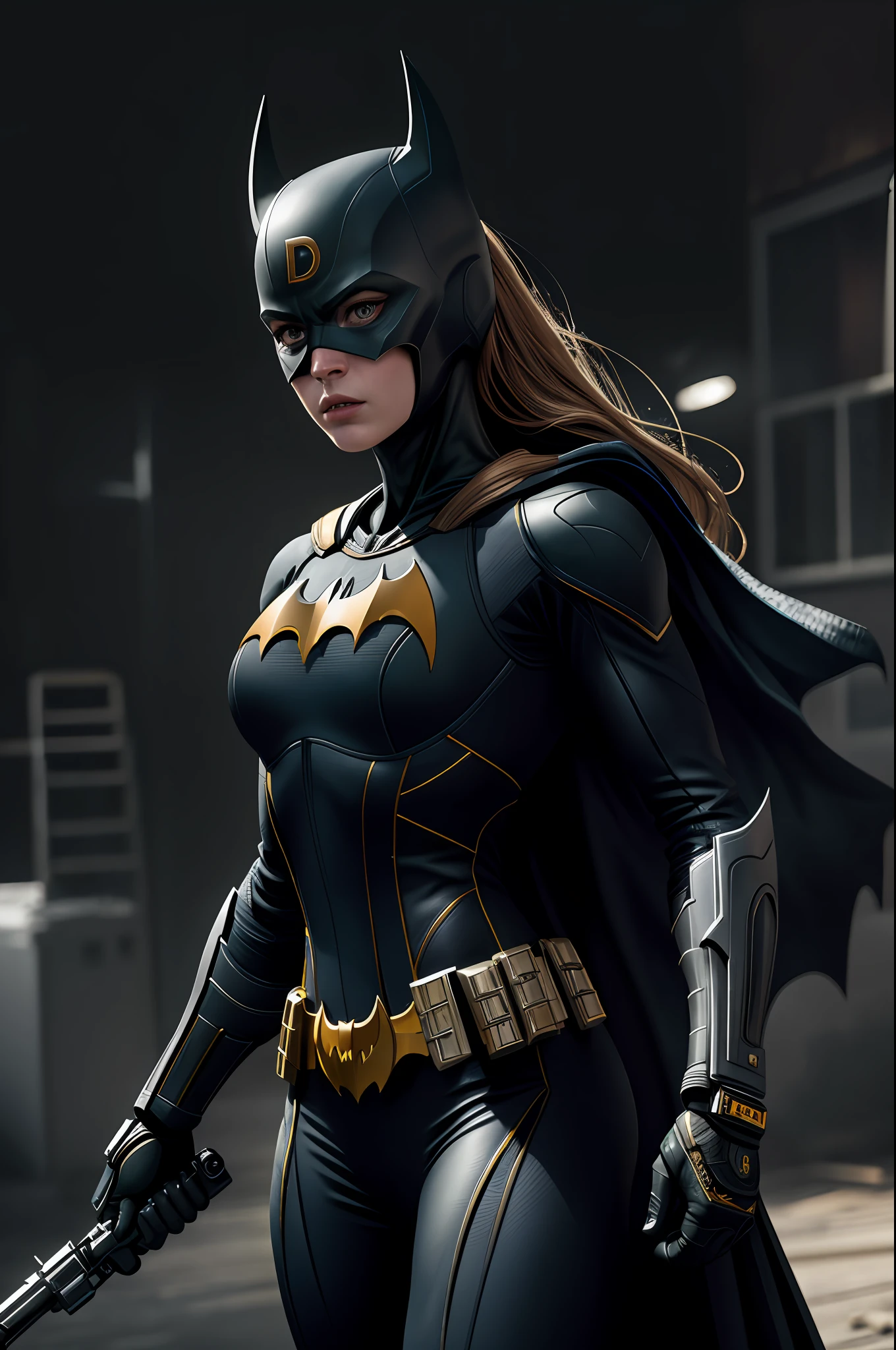 (8k, RAW photo, best quality, masterpiece:1.2), ultra detailed, official art, photo-realistic:1.37, upper body shot, DC Batgirl, film grain, action pose