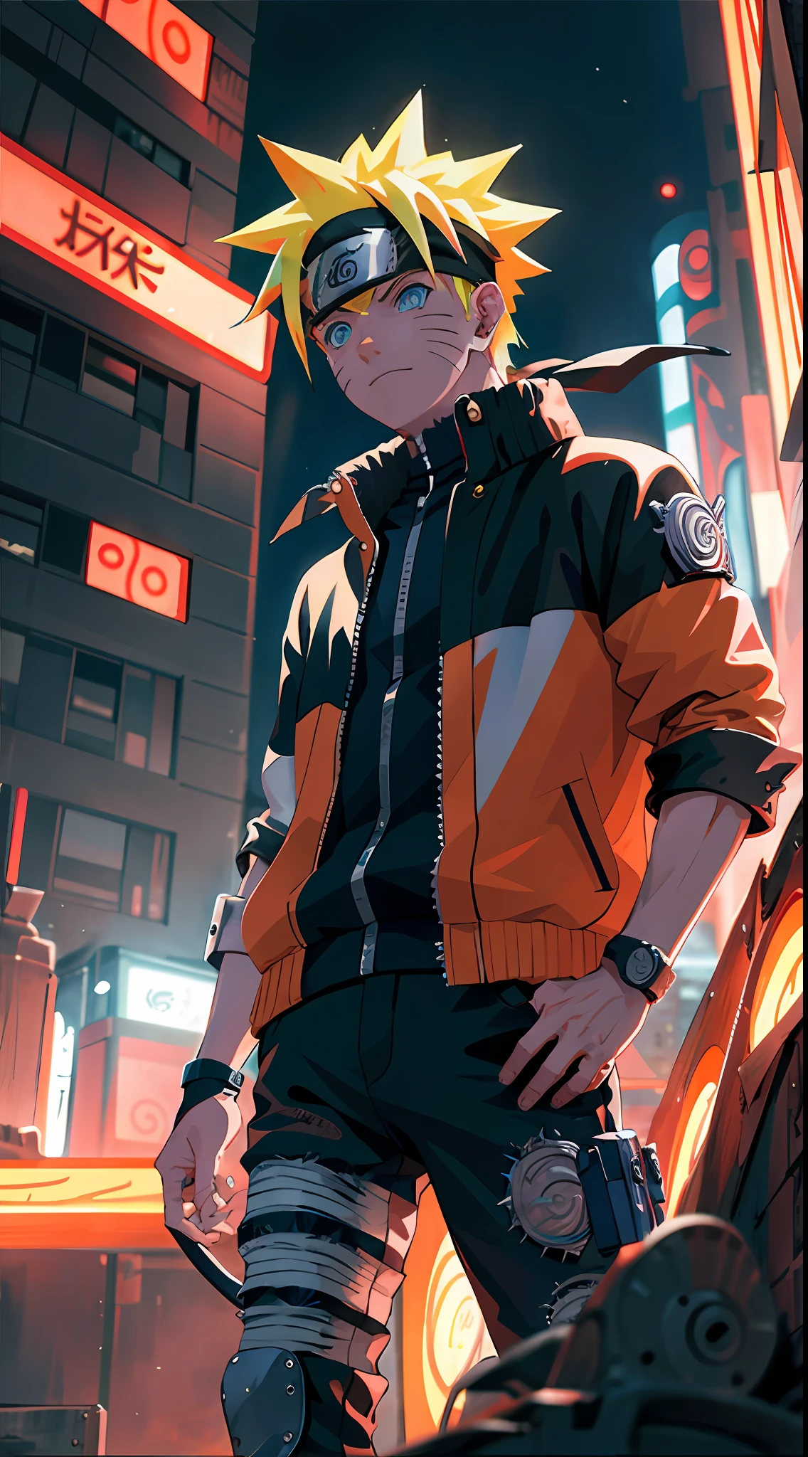 portrait, neon, 1 boy, shonen style, spiky blonde hair, scratches on cheeks on cheeks, black and red clothing, leather jacket, jeans, boots, bandana, cool, blue eyes, full body, color --name Naruto Uzumaki --night background city with futuristic buildings and holograms