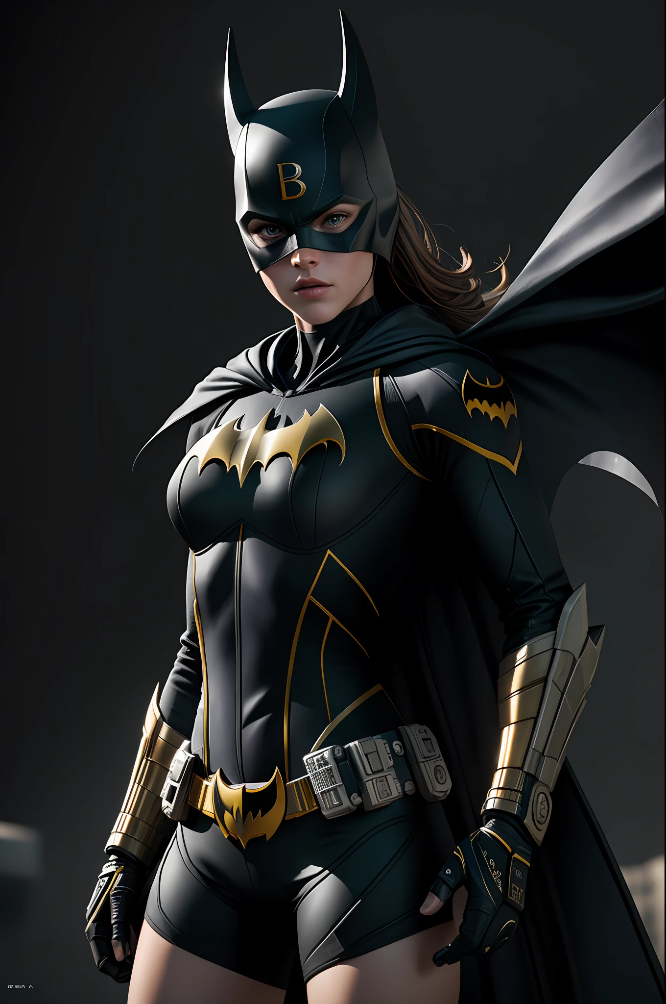 (8k, RAW photo, best quality, masterpiece:1.2), ultra detailed, official art, photo-realistic:1.37, upper body shot, DC Batgirl, film grain, action pose