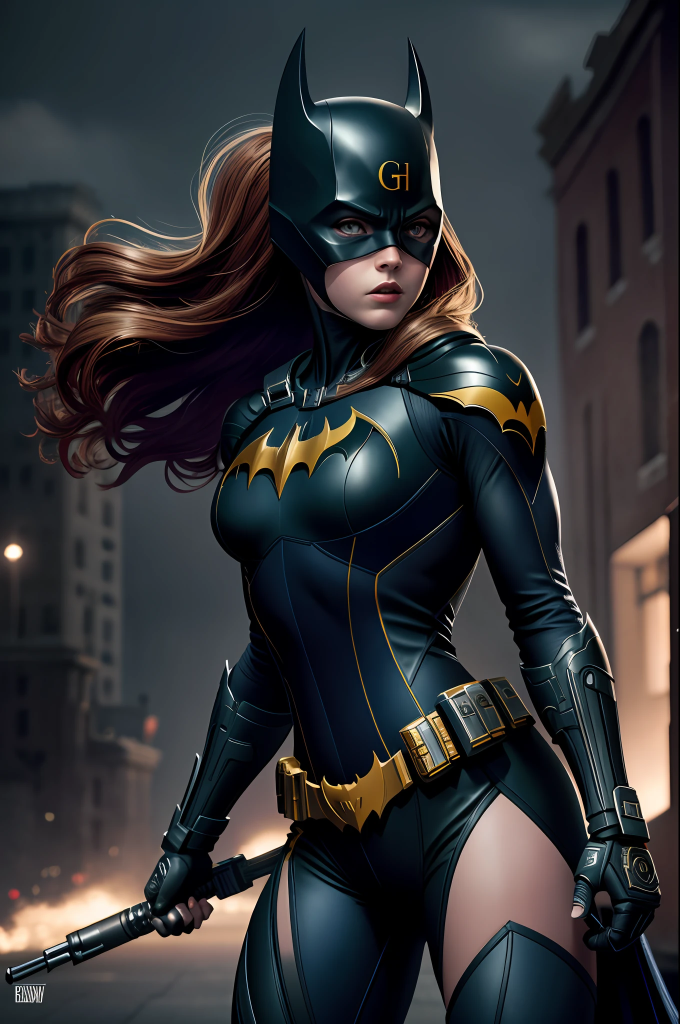 (8k, RAW photo, best quality, masterpiece:1.2), ultra detailed, official art, photo-realistic:1.37, upper body shot, DC Batgirl, film grain, action pose