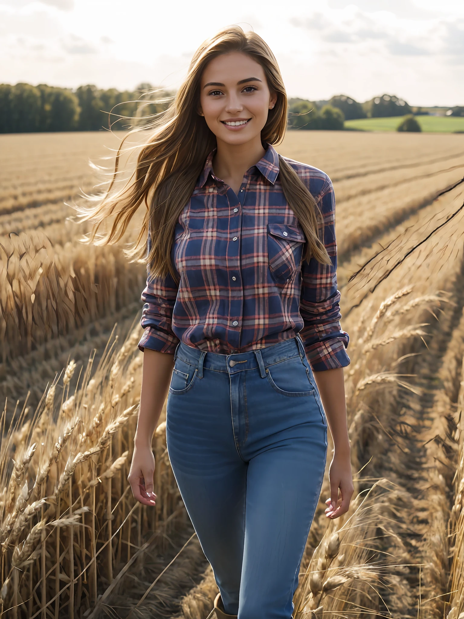 hyperrealistic, young woman, masterpiece, 25 years old, very light and silky skin, medium breasts, perfect body, smiling at the camera, thin, thin, farmer, in a wheat field, in appropriate clothing for agricultural work, jeans, (plaid shirt open), boots, American plan, detailed clothes,
