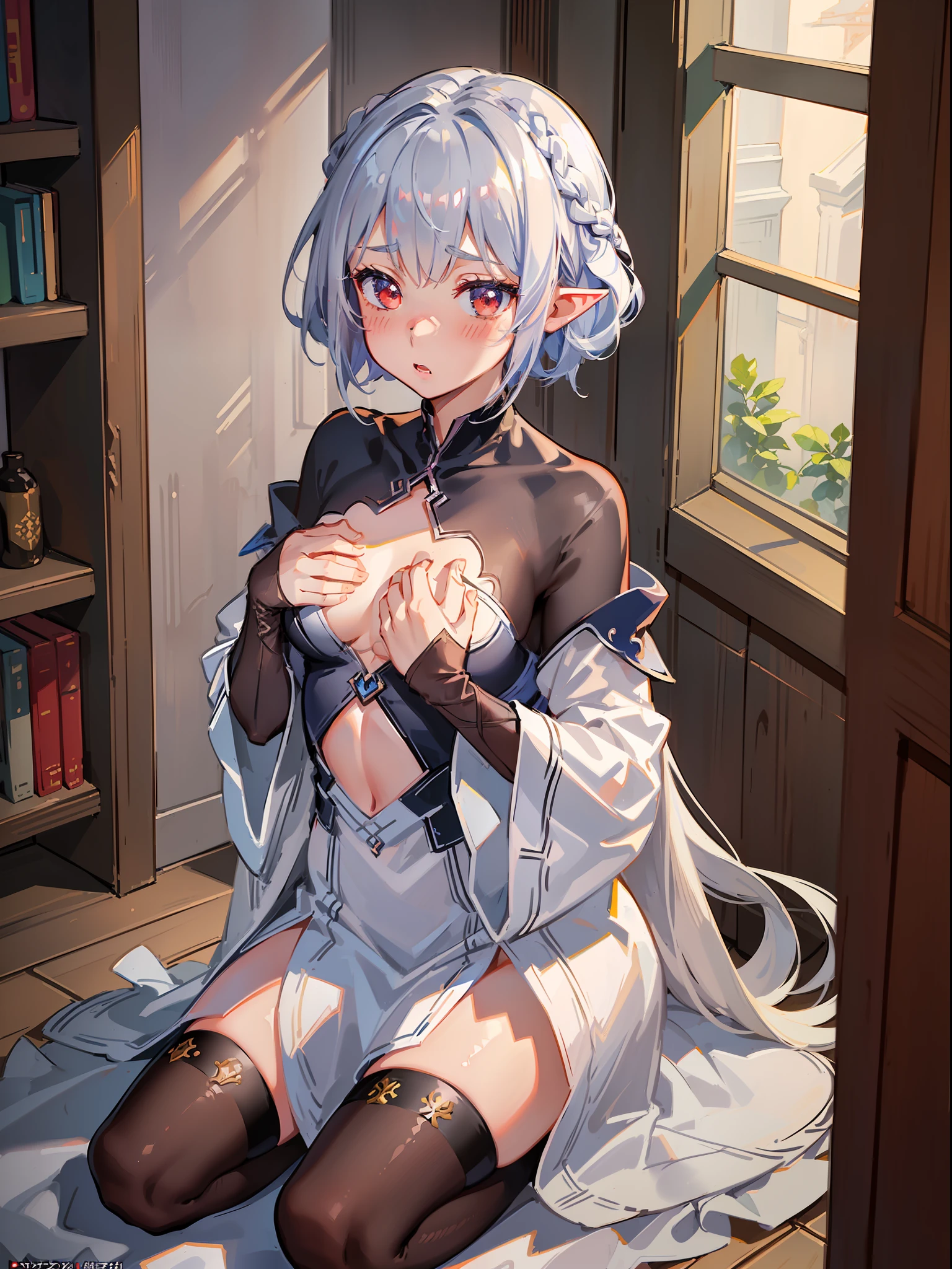 One girl, elf, silver hair, red eyes, bob cut, braided hair, (((looking down)), ((putting both hands on her chest)), ((surprised)), (blush), fantasy style costume, wizard, robe, long skirt, tights, indoors, kneeling, concept art, beautiful anime scene, beautiful anime scenery, top rated on pixiv, best quality, 4K