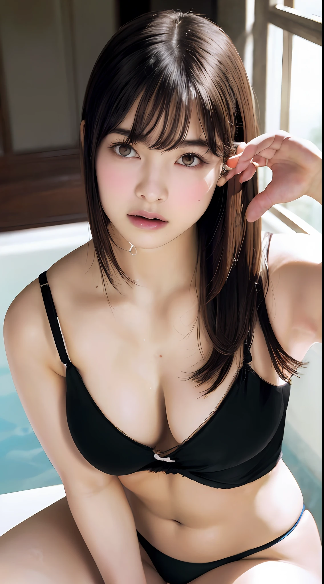 ((highest quality, 8k, masterpiece: 1.3)), dramatic lighting, pretty woman, big: 1.3, (firm abs, slender figure: 1.1), showering in the bath, ((highest quality, 8K, masterpiece: 1.3)), sensual woman, single girl, (constricted), dark brown hair, short hair, painted from head to toe, black topless bra, black open clutch shorts, exposed, crotch open, legs spread, with hair in the crotch, ultra-detailed face, detailed lips, detailed eyes, detailed breasts, double eyelids, racy underwear, pimp-like underwear, pimp-like bra, pimp-like panties, large areola protruding from underwear, wet panties, erotic underwear, sexy, cleavage, pubic hair protruding from underwear, very fine face and skin texture, hammy breasts, lower breasts, hiding breast protrusions with fingers, Brazilian bikini, peeing, large breasts protruding from the bra, panties are taken off,