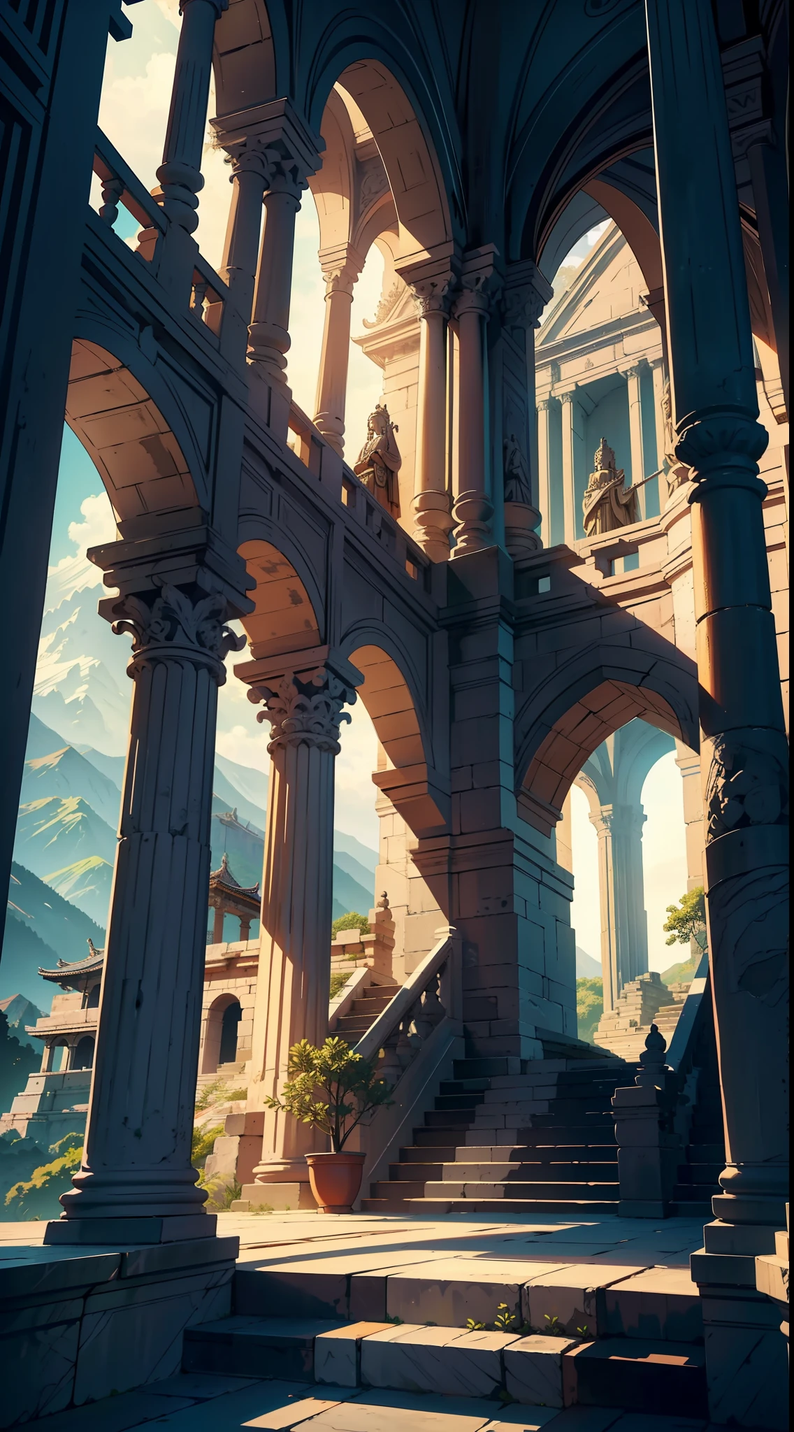 A stunning image of an ancient civilization, with a huge staircase that climbs up to a temple on top of a mountain. The staircase is made of stone and is incredibly large, with several steps that seem to rise to the sky. The temple at the top is majestic and has impressive architecture, with tall columns and details carved in stone. Ancient civilization is surrounded by mountains and dense forests, and there is a river in the distance that meanders through the landscape. The image is super detailed and in high resolution, with an incredible quality that shows every detail of the staircase, the temple and the surrounding landscape. This image is perfect for anyone who loves history and archaeology, and wants a stunning digital artwork as wallpaper on their phone. With the impeccable resolution, you can feel like you're there, in that amazing place, exploring ancient civilization and discovering its secrets.