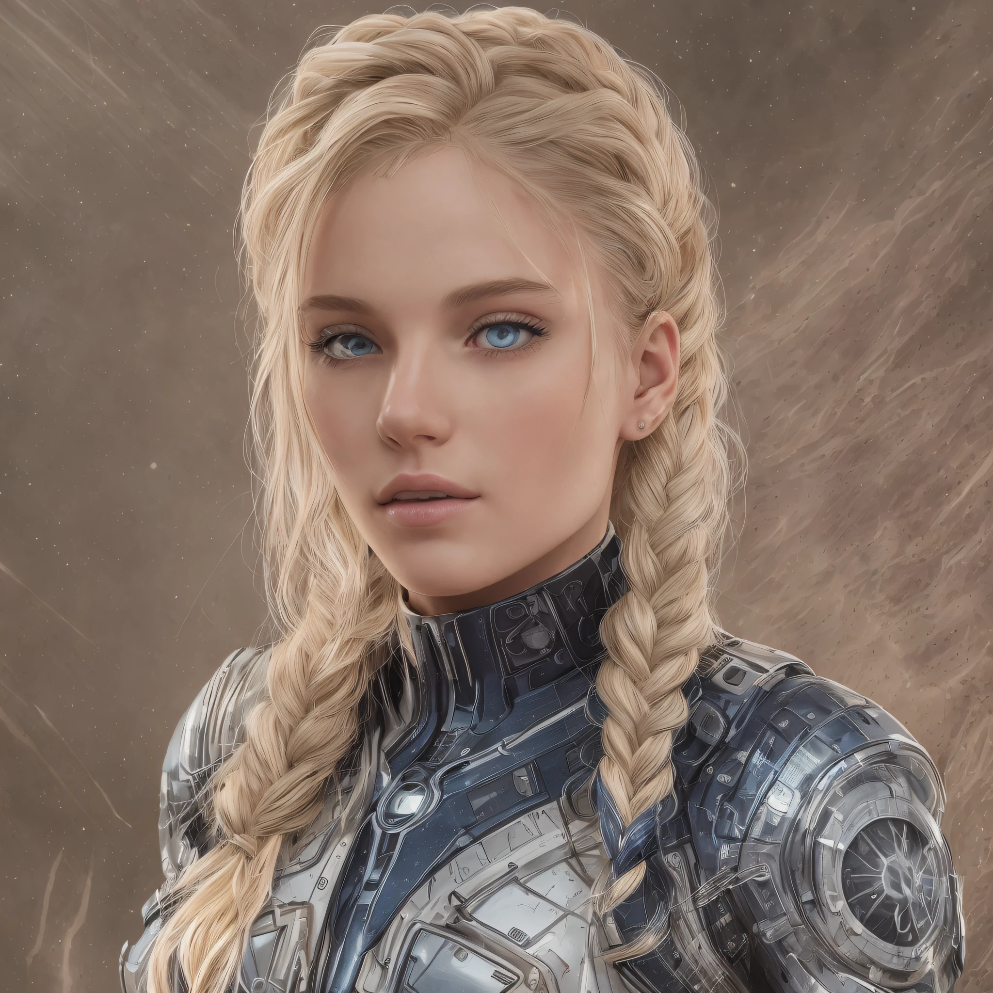 blond woman in futuristic suit with blue eyes and braids, a character portrait inspired by Eve Ryder, trending on cg society, portrait of a sci - fi girl with silver hair, beautiful woman in spacesuit, beautiful white girl, sci fi female character, 8k portrait render, sci-fi female, young lady --s --auto