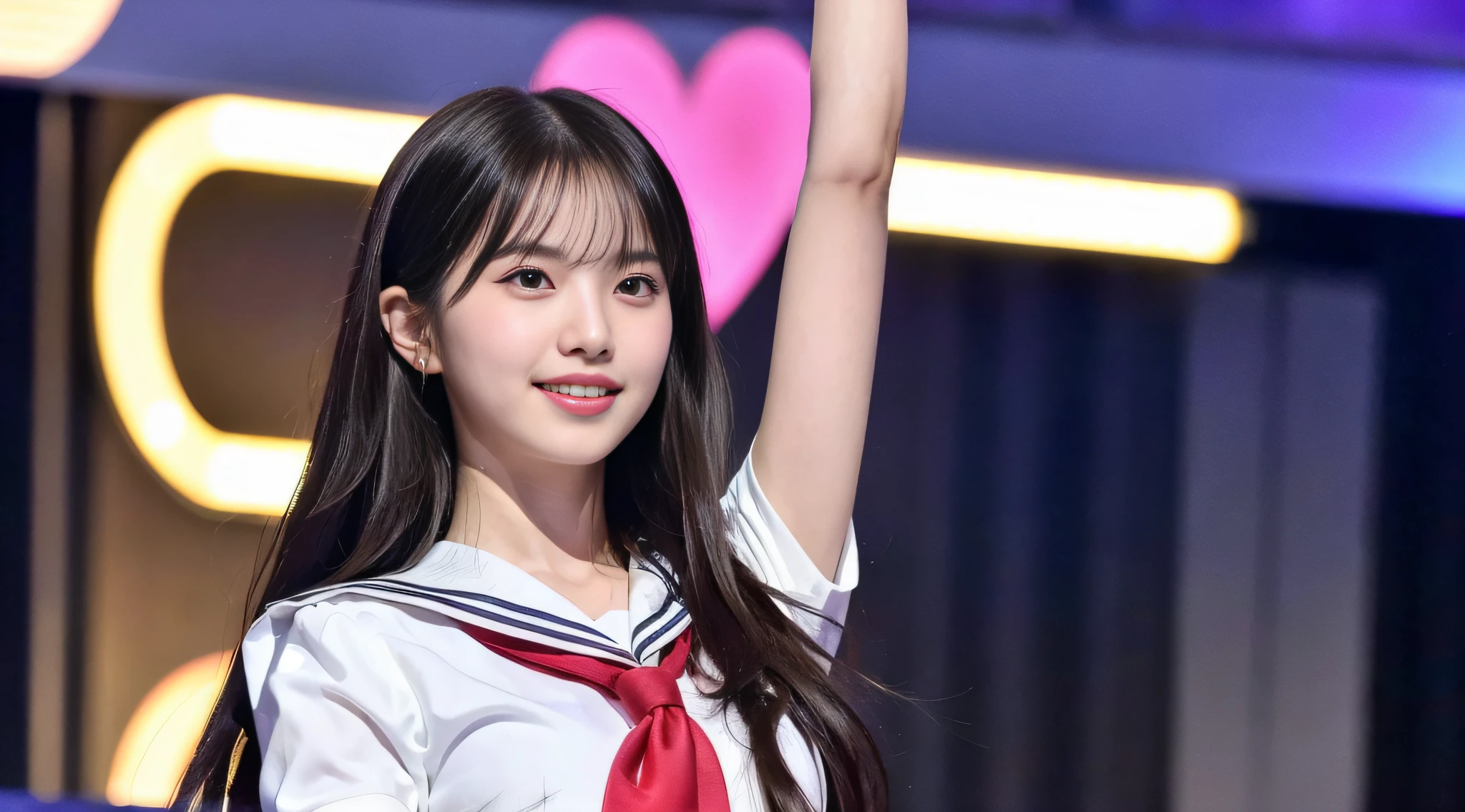 (8k, RAW photos, top quality, masterpiece: 1.2), super detail, super resolution, (photorealistic: 1.4), , high school girl miss con, schoolgirl posing on stage, smile so much that you can see teeth, full body shot, full body photo, high resolution RAW color photo, beautiful and shiny stage light, real light, detailed background of female proofreading miss con 2022, Dancing on stage, swaying skirt, holding a microphone in her right hand, very detailed and beautiful background, super high image quality, 8k wallpaper, amazing details, very fashionable and delicate uniform, very detailed beautiful girl, very detailed face very detailed eyes, very realistic skin, very detailed fingers, very detailed nose, very detailed mouth, perfect anatomy, very detailed background, very detailed clothes, teen, Cute girl, Famous Japan idol, Cute, Realistic body, Slender, White skin, Glowing skin, Slim body, Long straight hair, (Dull bangs:1.2), Realistic face, Delicate eyes, Double eyelids, Sailor suit, red tie, pink eye shadow, (((Hair is fluttering every time a high school girl dances)), Celebrity-level cuteness, Modern female proofreading, ( Heart mark under the eye wo) (Cute pose)