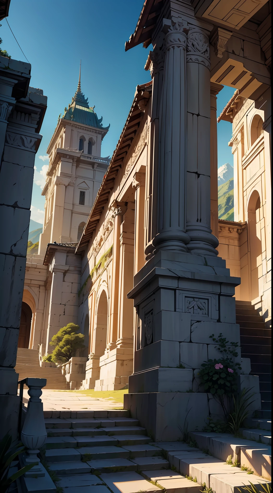 A stunning image of an ancient civilization, with a huge staircase that climbs up to a temple on top of a mountain. The staircase is made of stone and is incredibly large, with several steps that seem to rise to the sky. The temple at the top is majestic and has impressive architecture, with tall columns and details carved in stone. Ancient civilization is surrounded by mountains and dense forests, and there is a river in the distance that meanders through the landscape. The image is super detailed and in high resolution, with an incredible quality that shows every detail of the staircase, the temple and the surrounding landscape. This image is perfect for anyone who loves history and archaeology, and wants a stunning digital artwork as wallpaper on their phone. With the impeccable resolution, you can feel like you're there, in that amazing place, exploring ancient civilization and discovering its secrets.