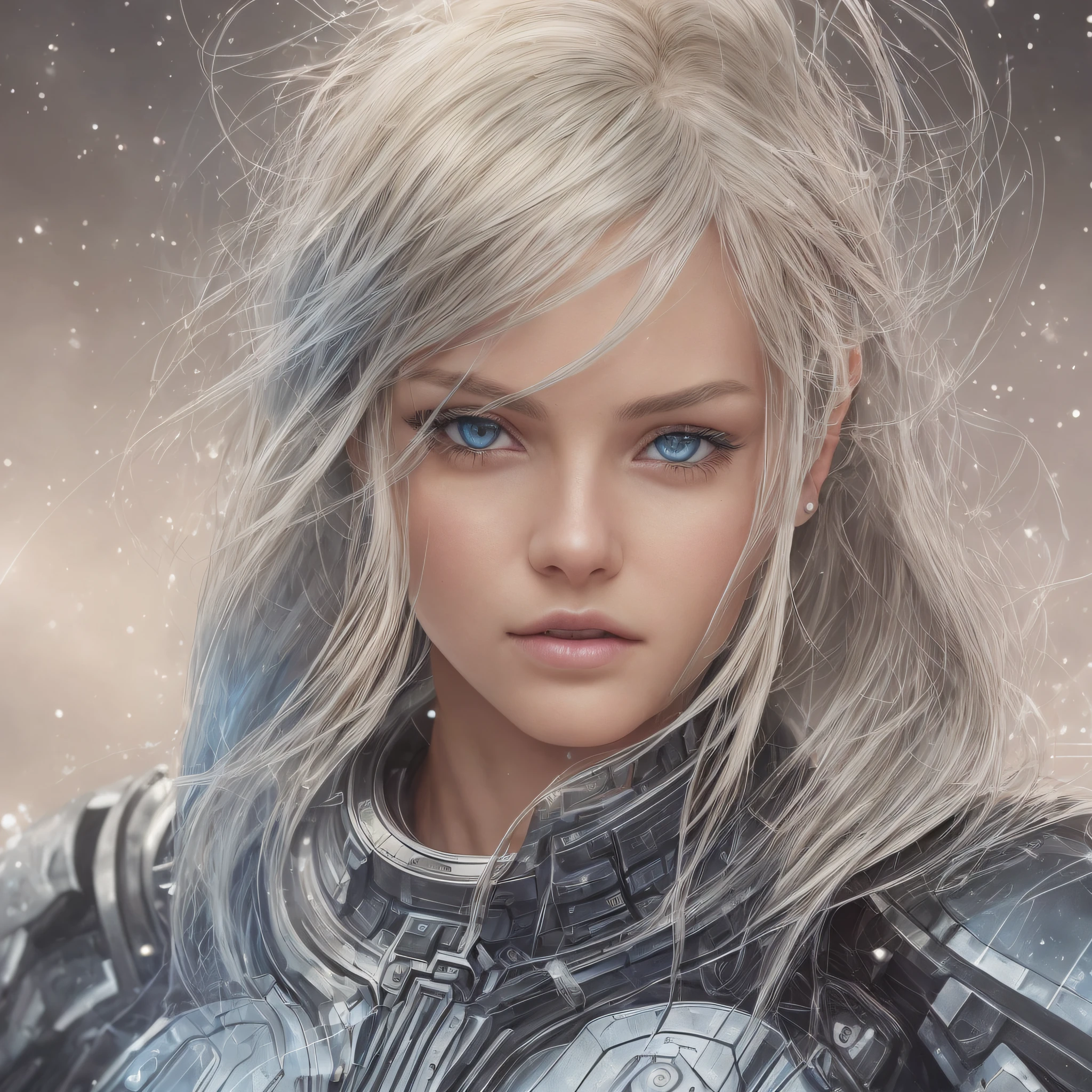 blond woman in futuristic suit with blue eyes and braids, a character portrait inspired by Eve Ryder, trending on cg society, portrait of a sci - fi girl with silver hair, beautiful woman in spacesuit, beautiful white girl, sci fi female character, 8k portrait render, sci-fi female, young lady --s --auto