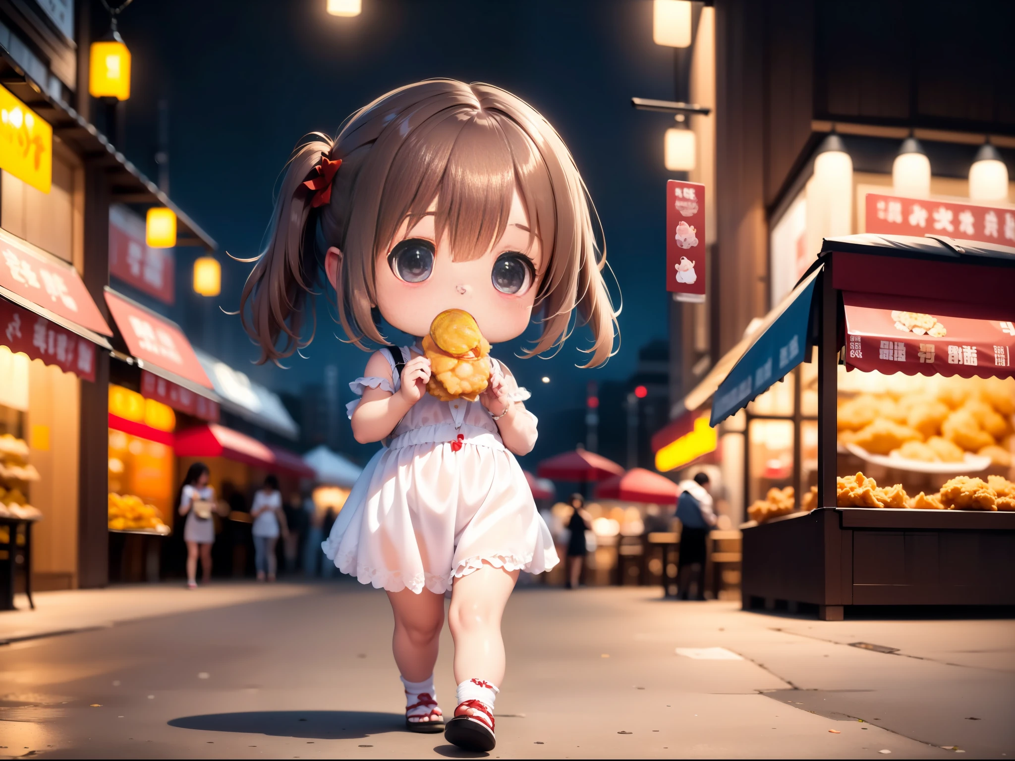 8K, best detail, best quality, an extremely delicate and beautiful, a cute little girl eating fried chicken while walking in the night food street